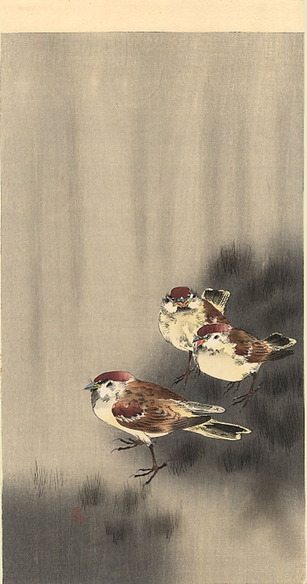 Three Tree Sparrows in a rain shower by Ohara Koson