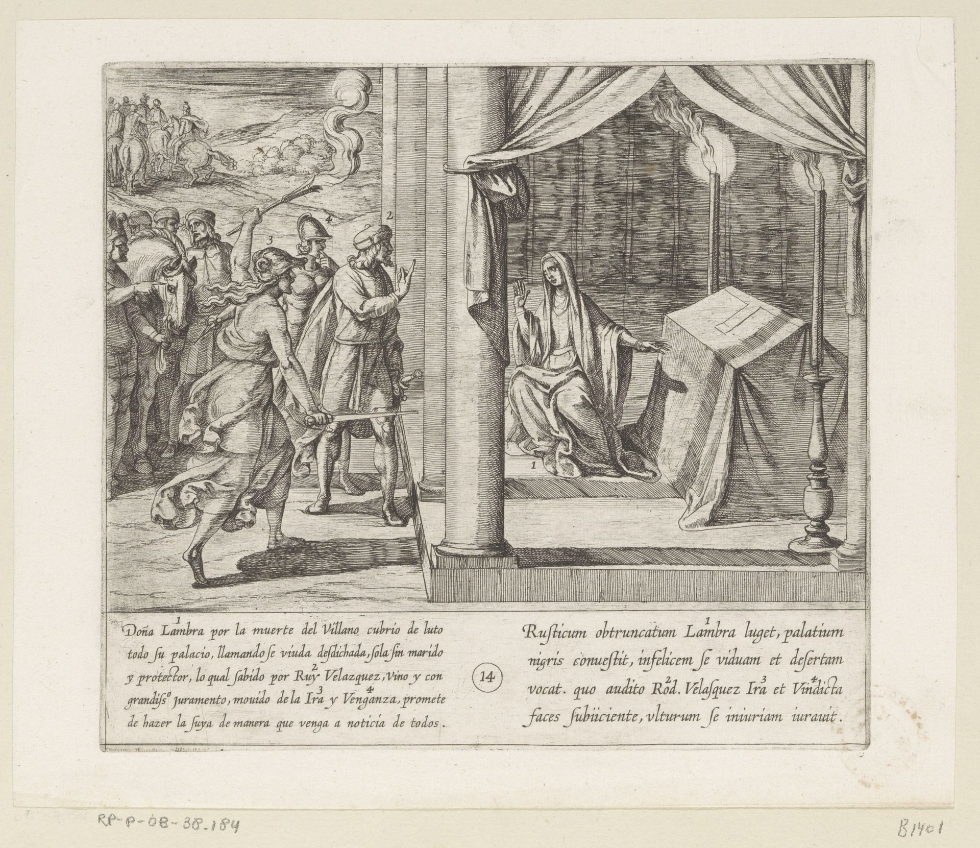 Ruy Velazquez belooft doña Lambra dat hij de dood van de dorpeling zal wreken by Antonio Tempesta