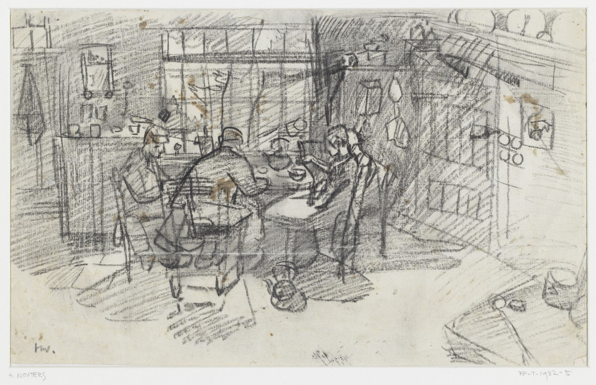 Boereninterieur met vier mensen etend rond een tafel by Henri Wouters