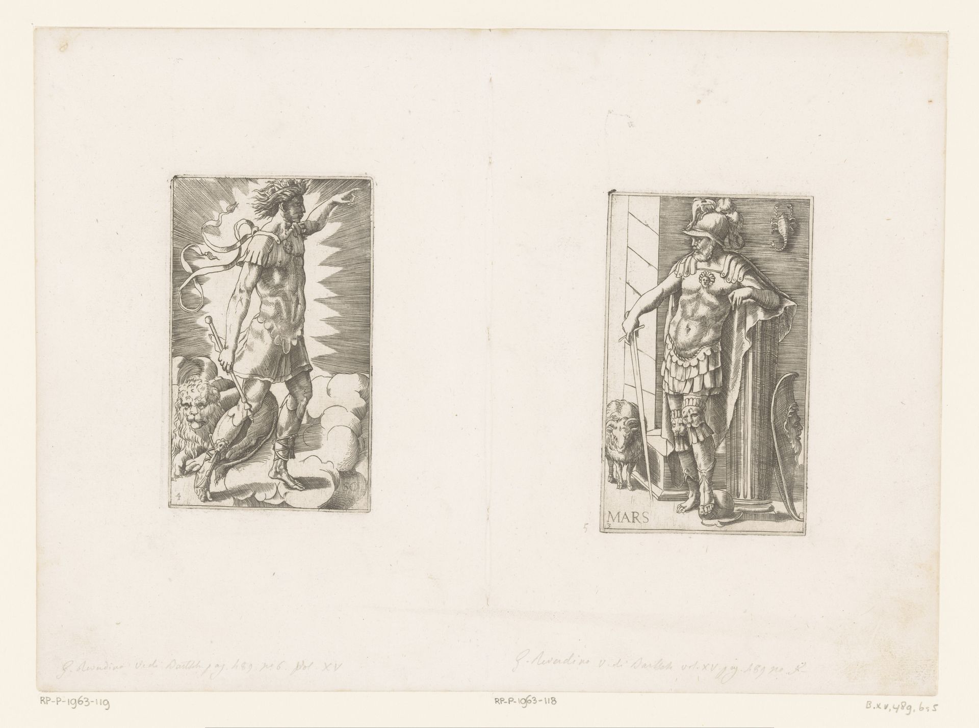 Apollo in wapenrusting omgeven door zonnestralen, naast hem een leeuw by Georges Reverdy