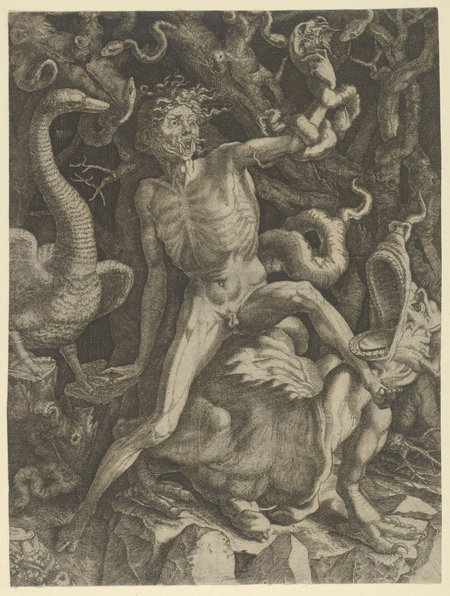 Fury personified as an emaciated man astride a monster, holding a skull in his raised left hand by Giovanni Jacopo Caraglio