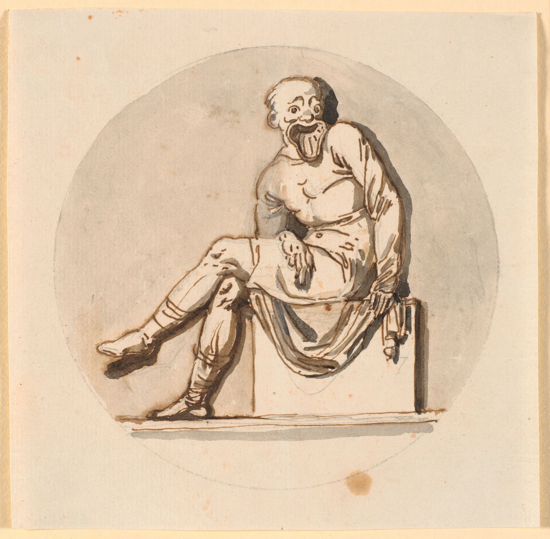 Siddende maskefigur, cirkelrundt indrammet. Udkast til dekoration i tehuset i Sorgenfri park by Nicolai Abildgaard