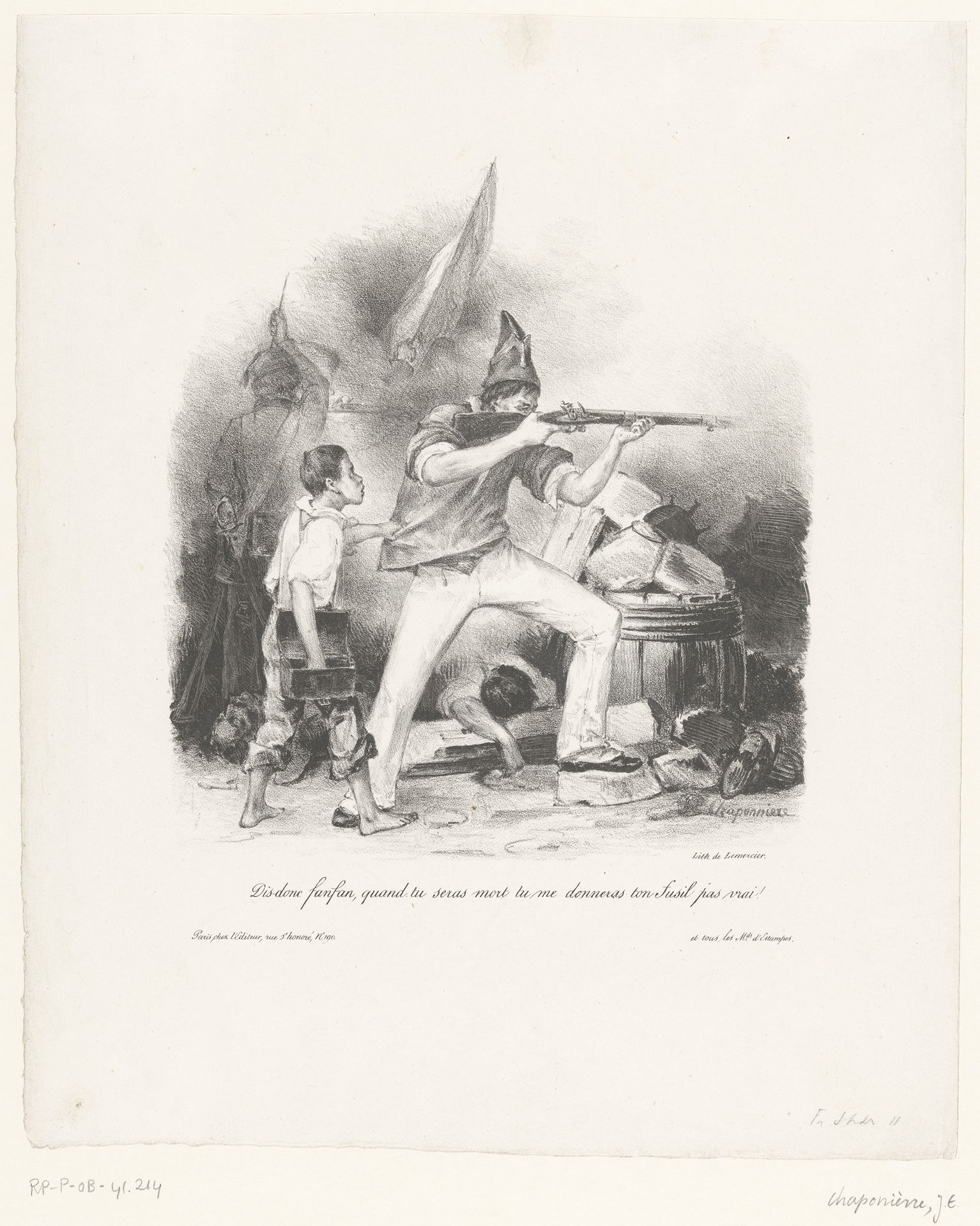Krantenjongen met schietende soldaat op de barricaden by Jean-Etienne Chaponnière