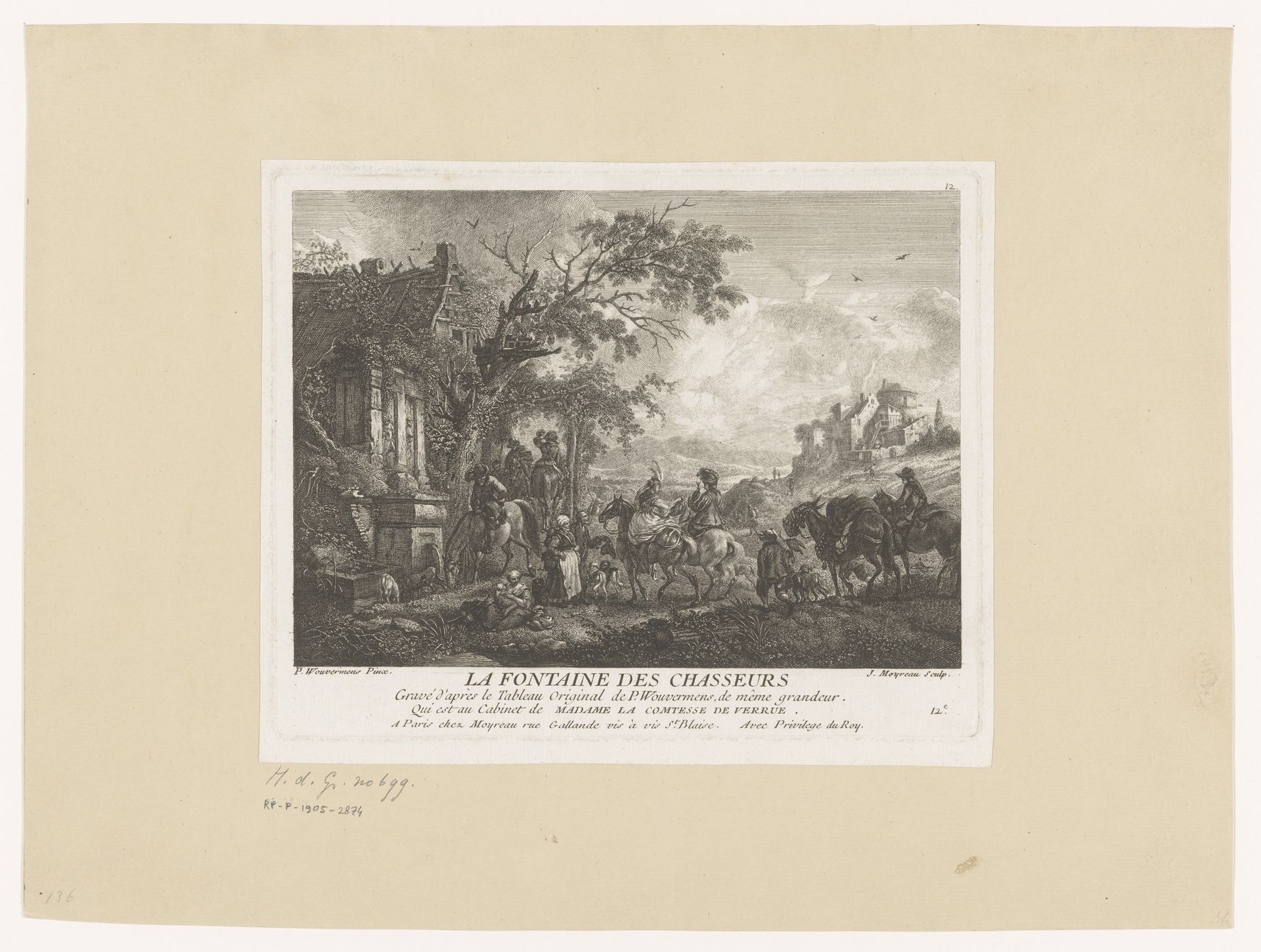 Jachtgezelschap bij een fontein by Jean Moyreau