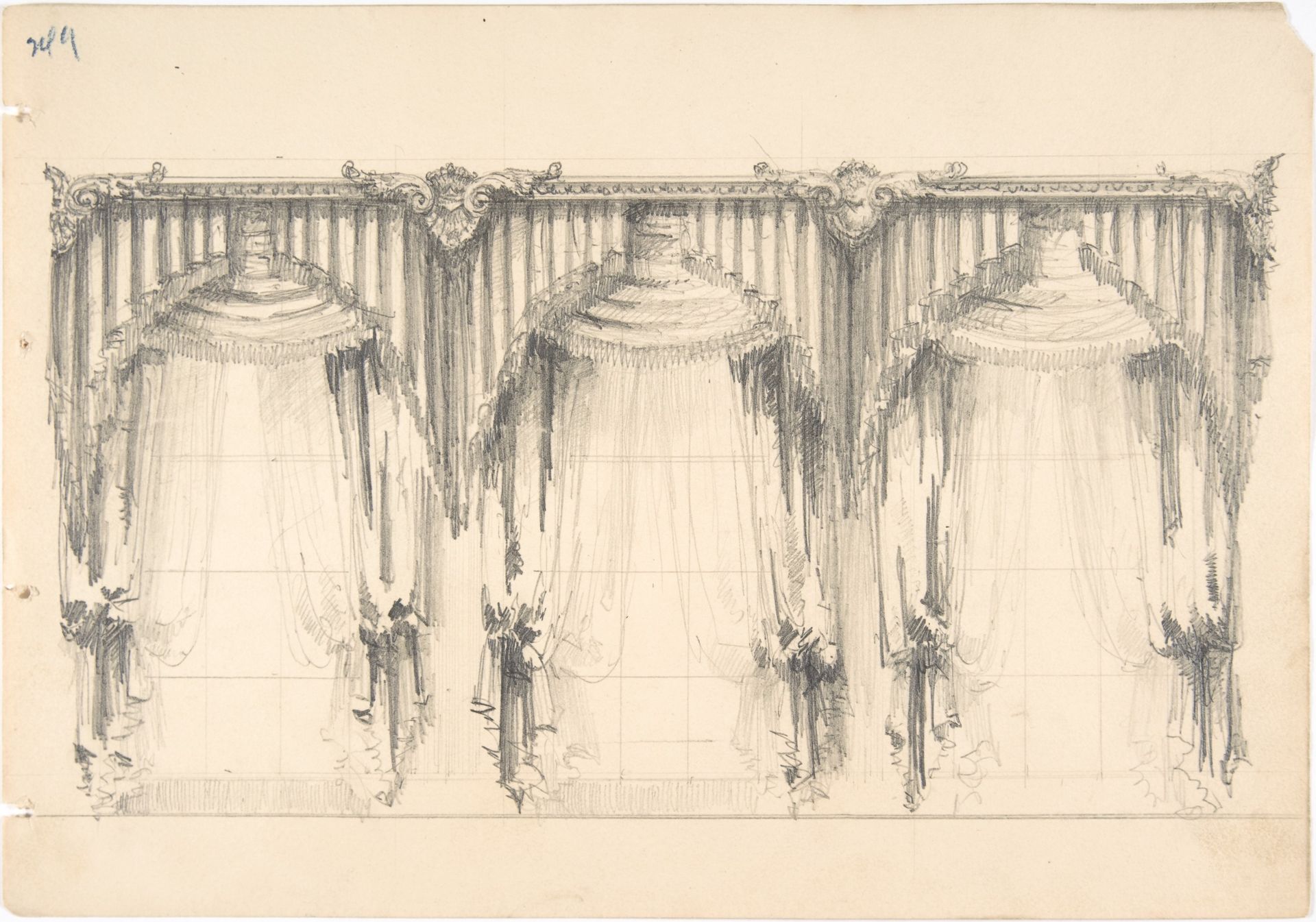 Design for Fringed, Pelmeted Curtains Hanging at Three Widows by Anonymous