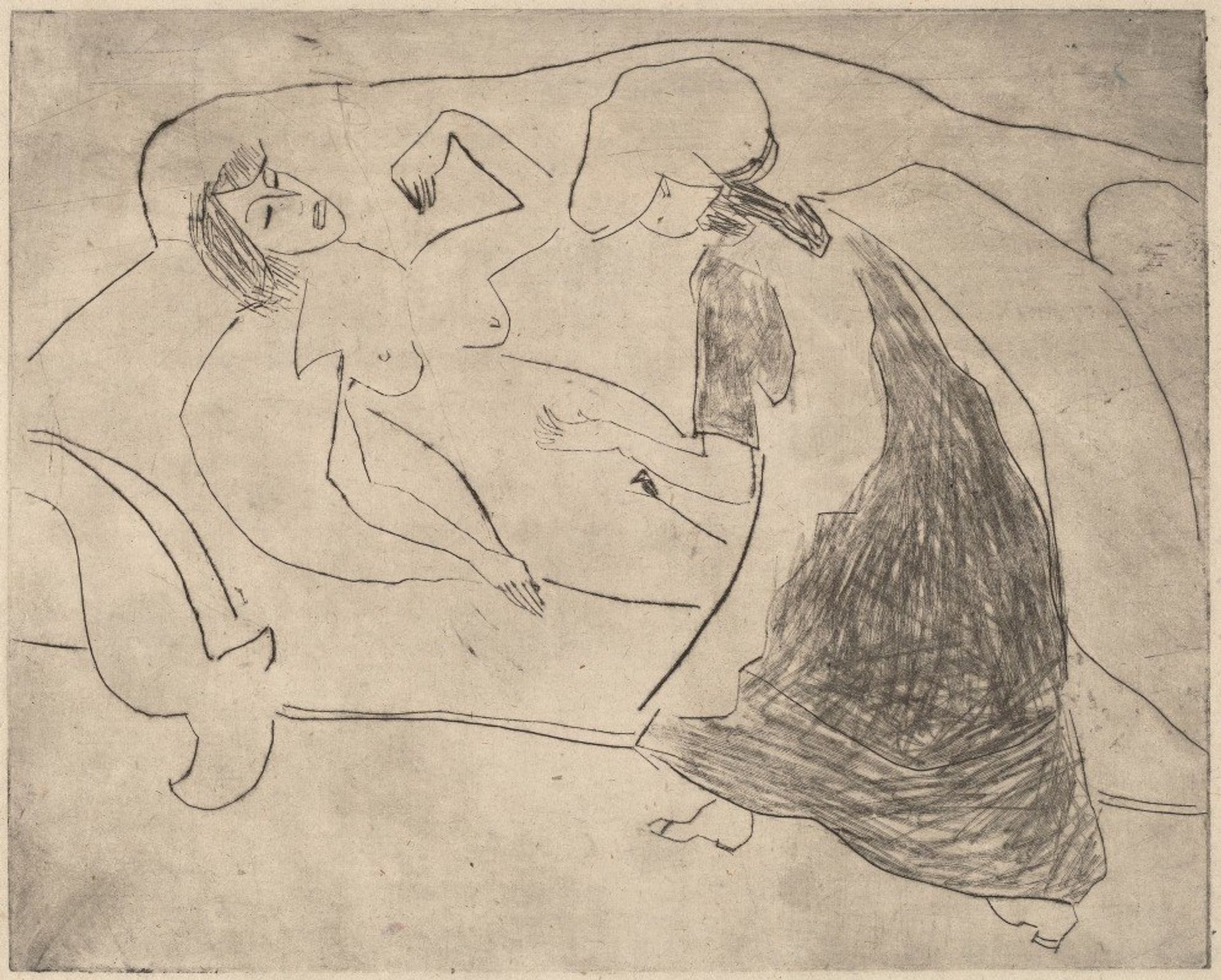 Girl, with Another Rubbing Her Belly by Ernst Ludwig Kirchner
