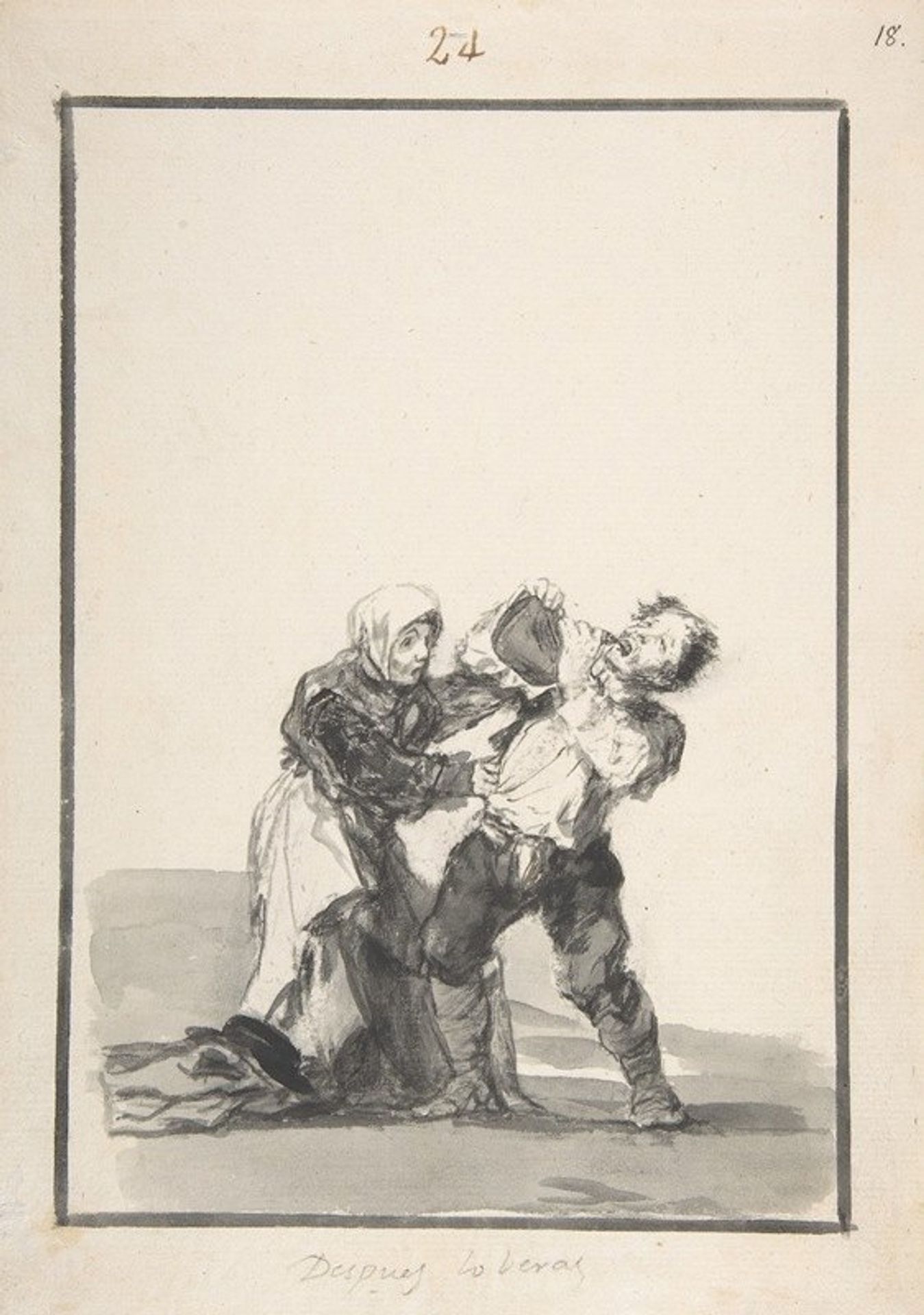 ‘You’ll See Later’; a man drinking, a woman trying to stop him by Francisco de Goya