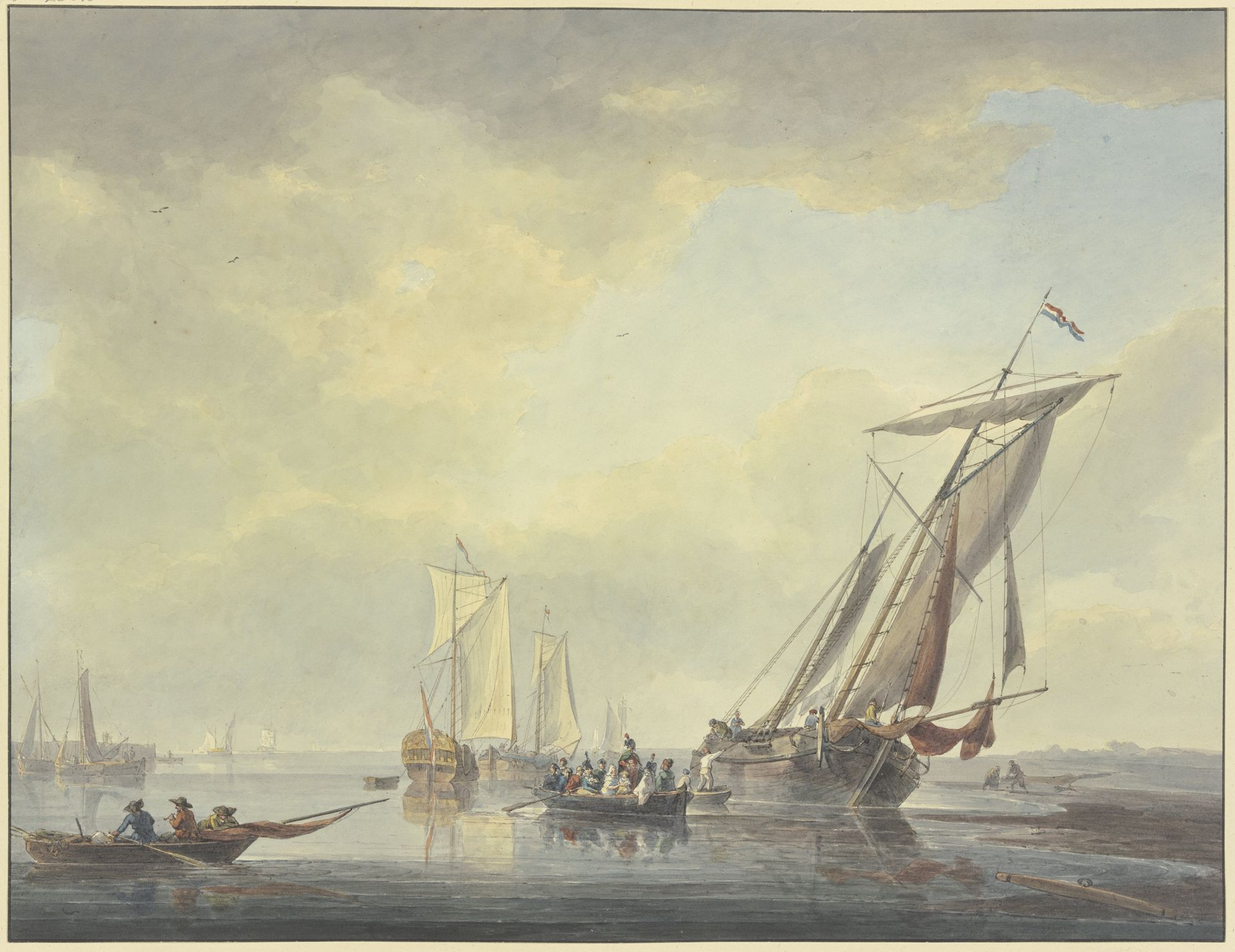 Am Strande liegen Barken, ein Boot mit vielen Personen, worunter einiges Militär, fährt dem Lande zu by Arie Lamme