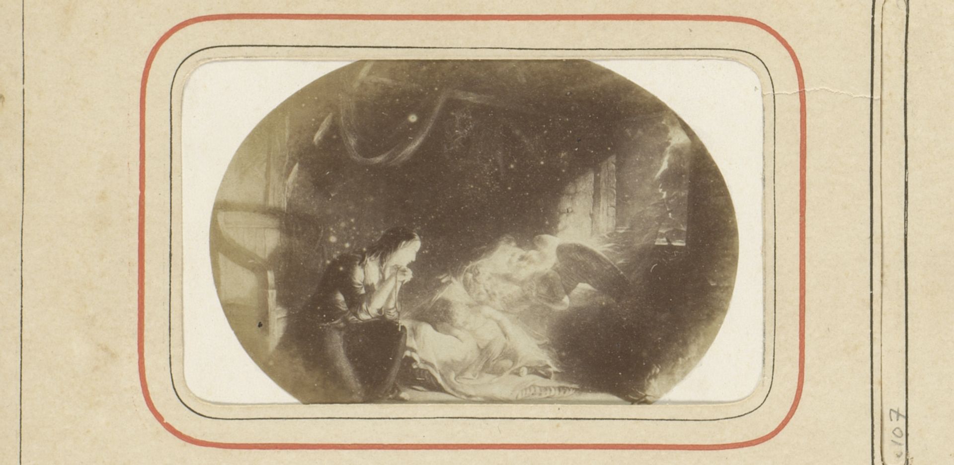 Fotoreproductie van een schilderij van een ziek kind met moeder en engel naast het bed, met gedicht door J.J.L. ten Kate by Anonymous