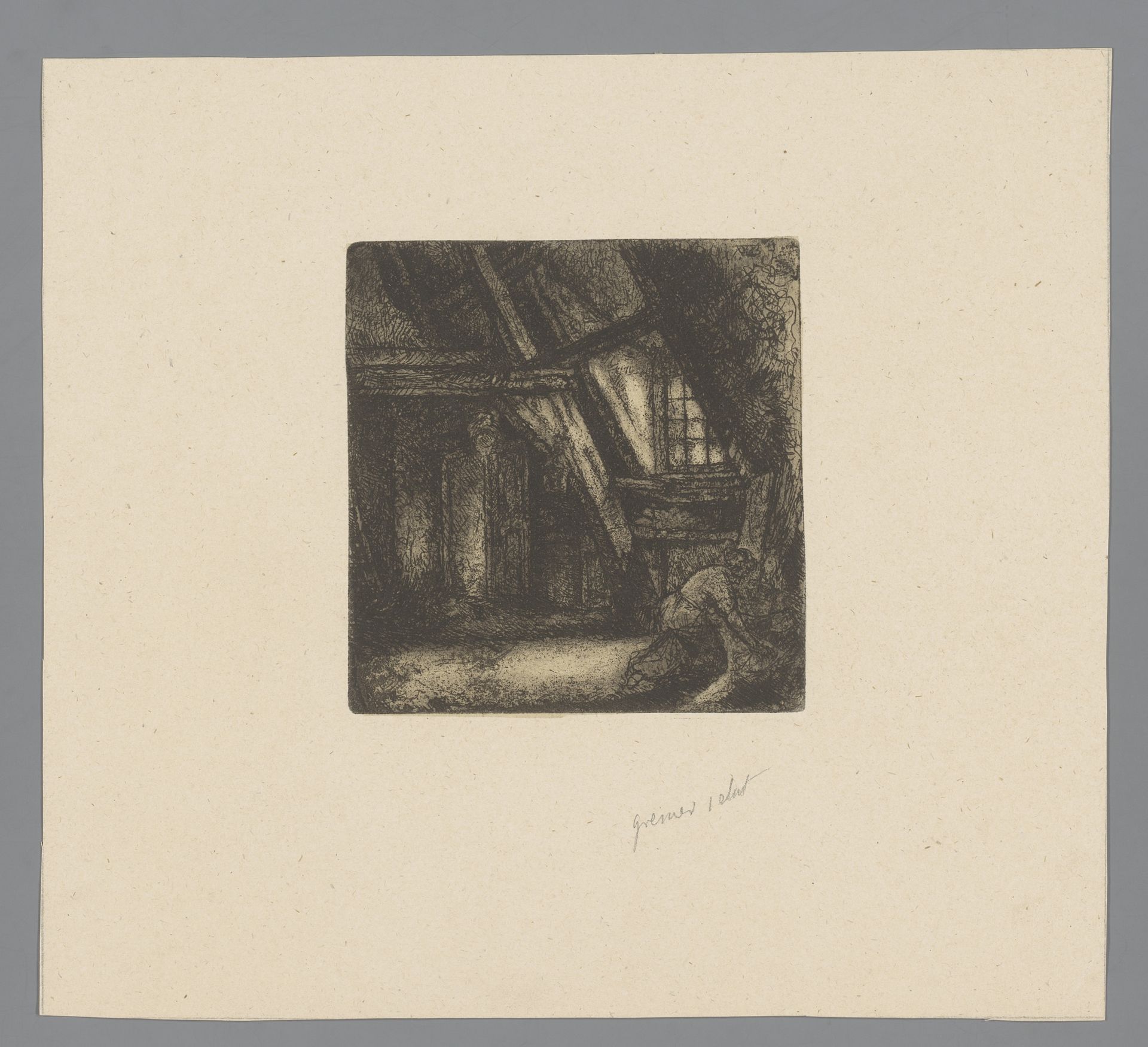 Vrouw knielend op zolder by Willem (II) Linnig