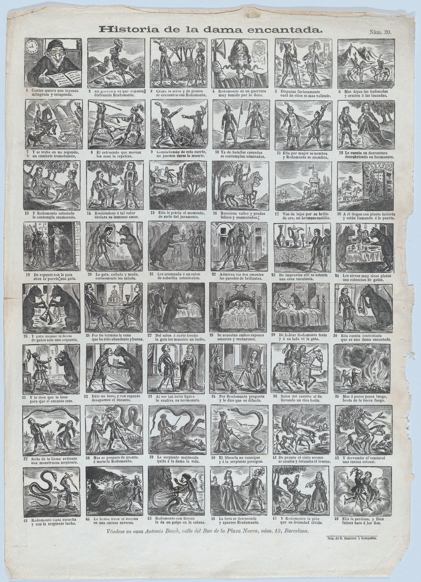 Broadside with 48 scenes relating to the story of the enchanted lady (Dama encantada) by José Noguera