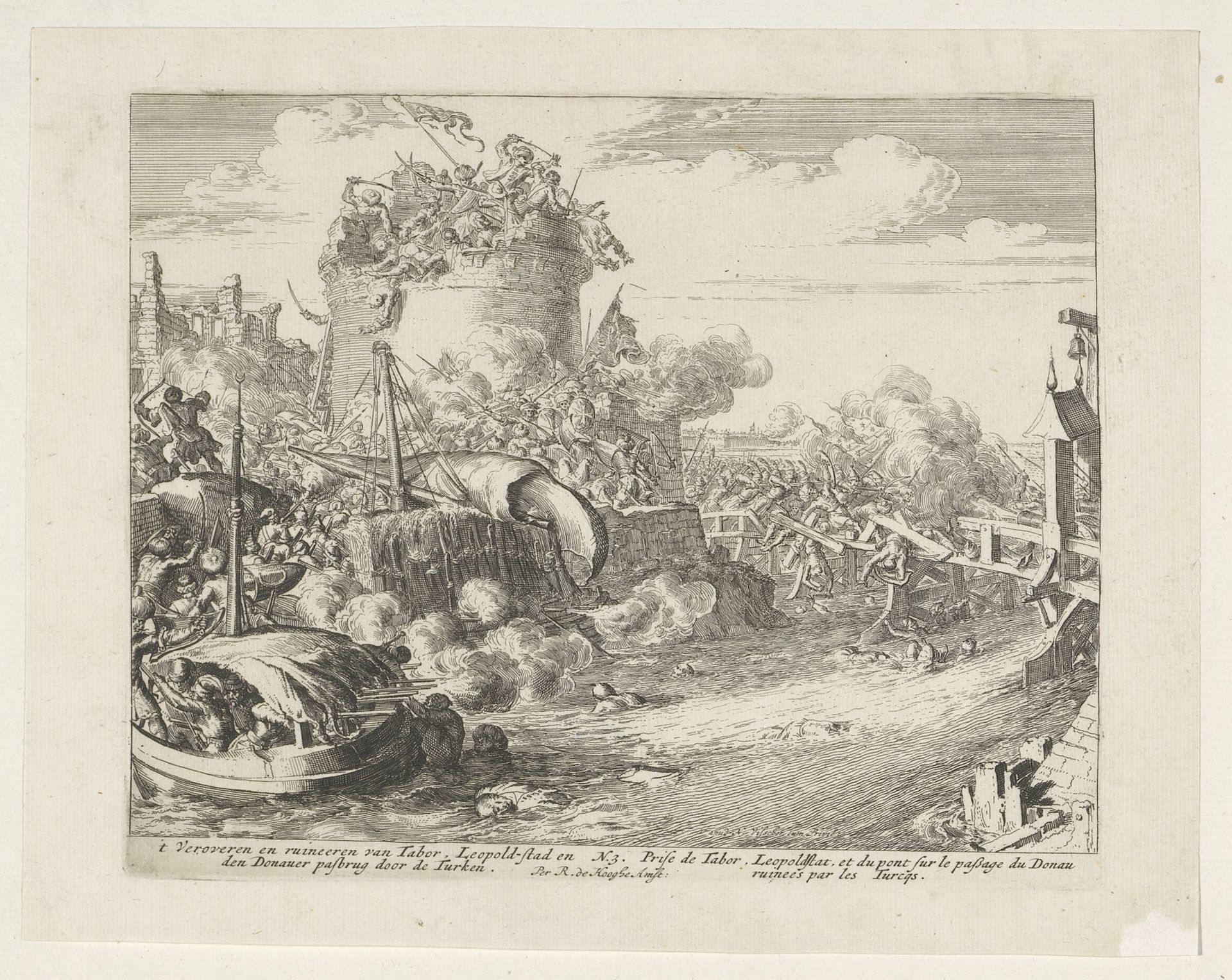 De verovering van Tabor, Leopoldstad en de pasbrug over de Donau door de Turken by Romeyn de Hooghe