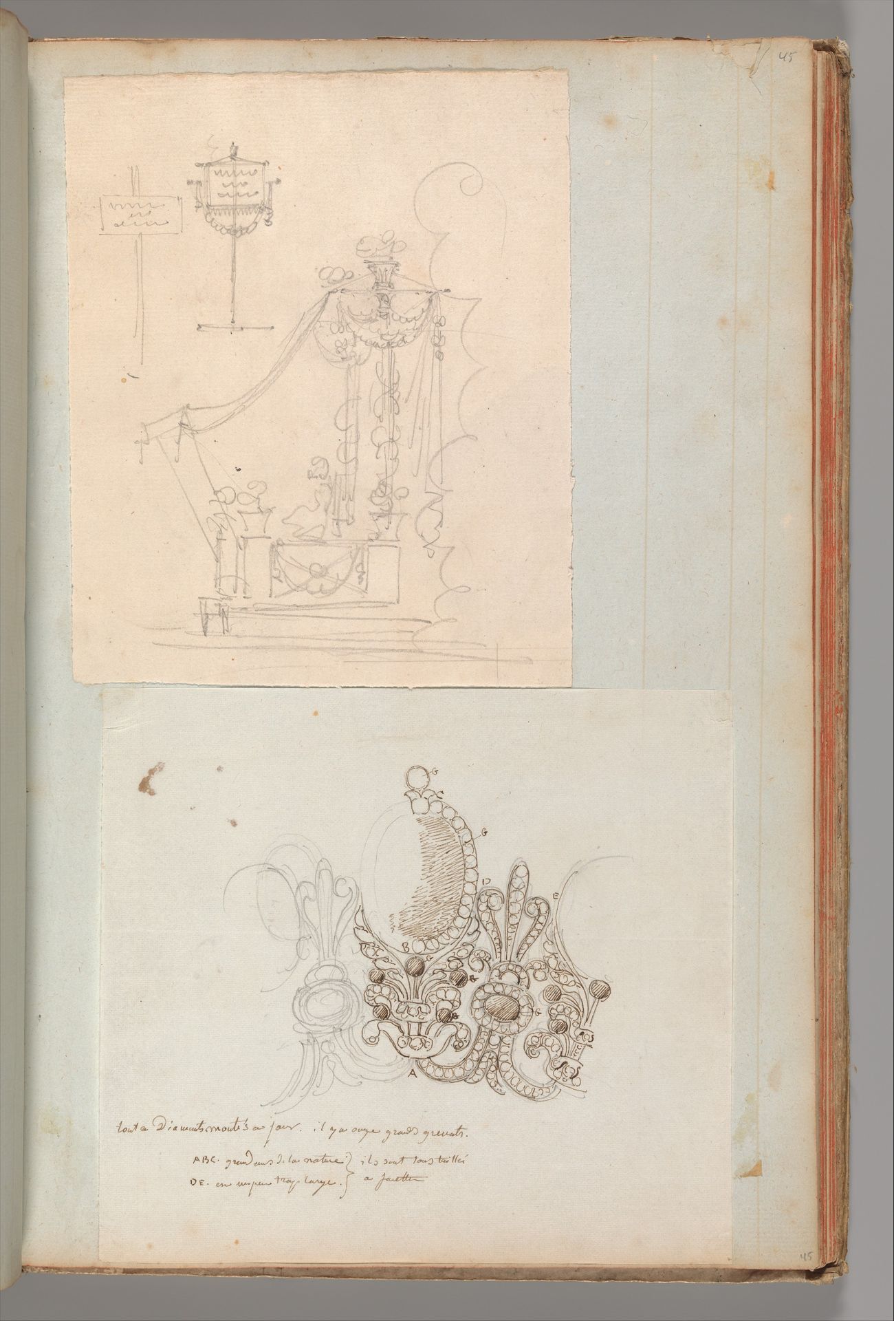 Page from a Scrapbook containing Drawings and Several Prints of Architecture, Interiors, Furniture and Other Objects by Charles Percier