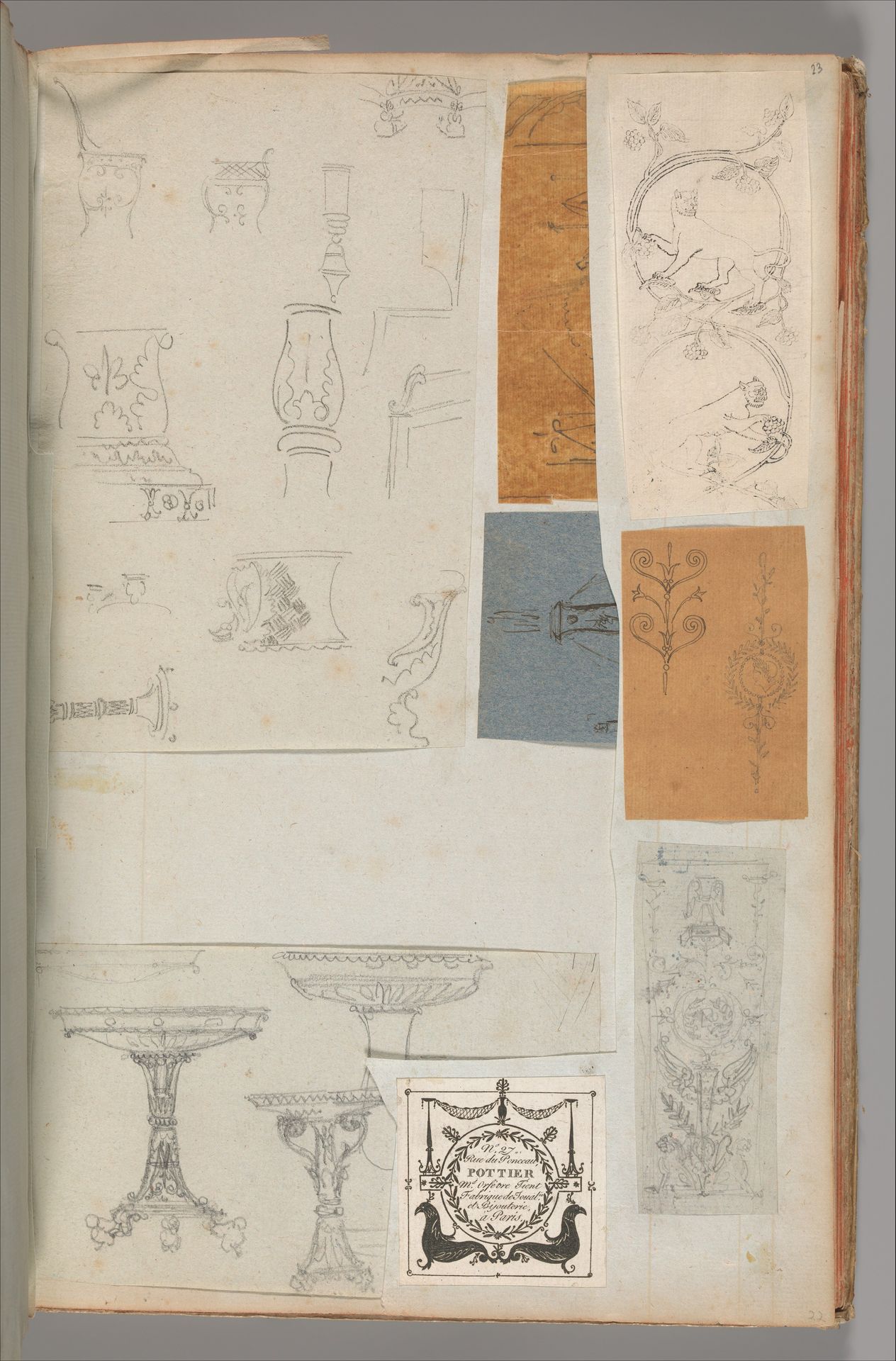 Page from a Scrapbook containing Drawings and Several Prints of Architecture, Interiors, Furniture and Other Objects by Charles Percier