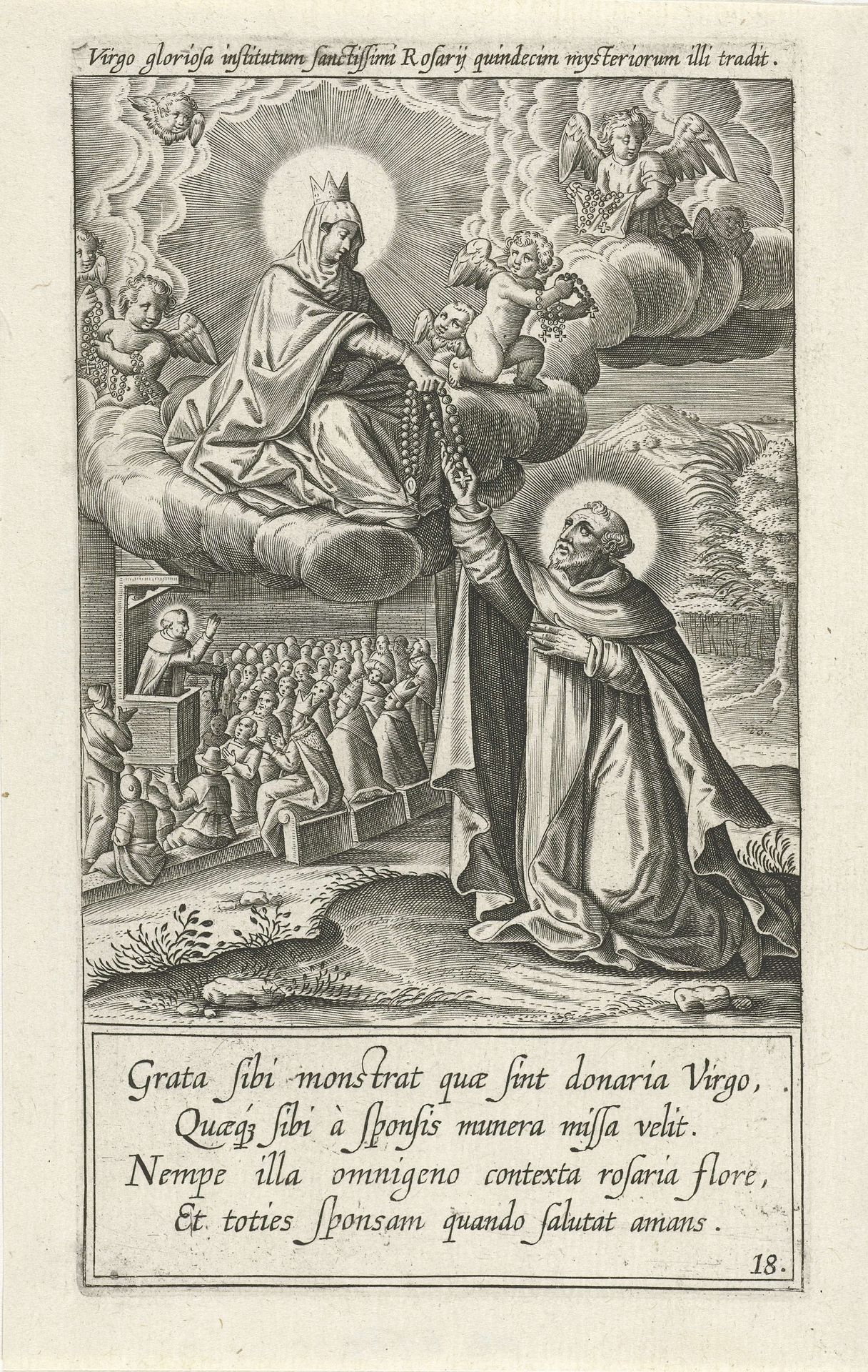 Visioen van de maagd Maria die de heilige Dominicus een rozenkrans overhandigt by Theodoor Galle