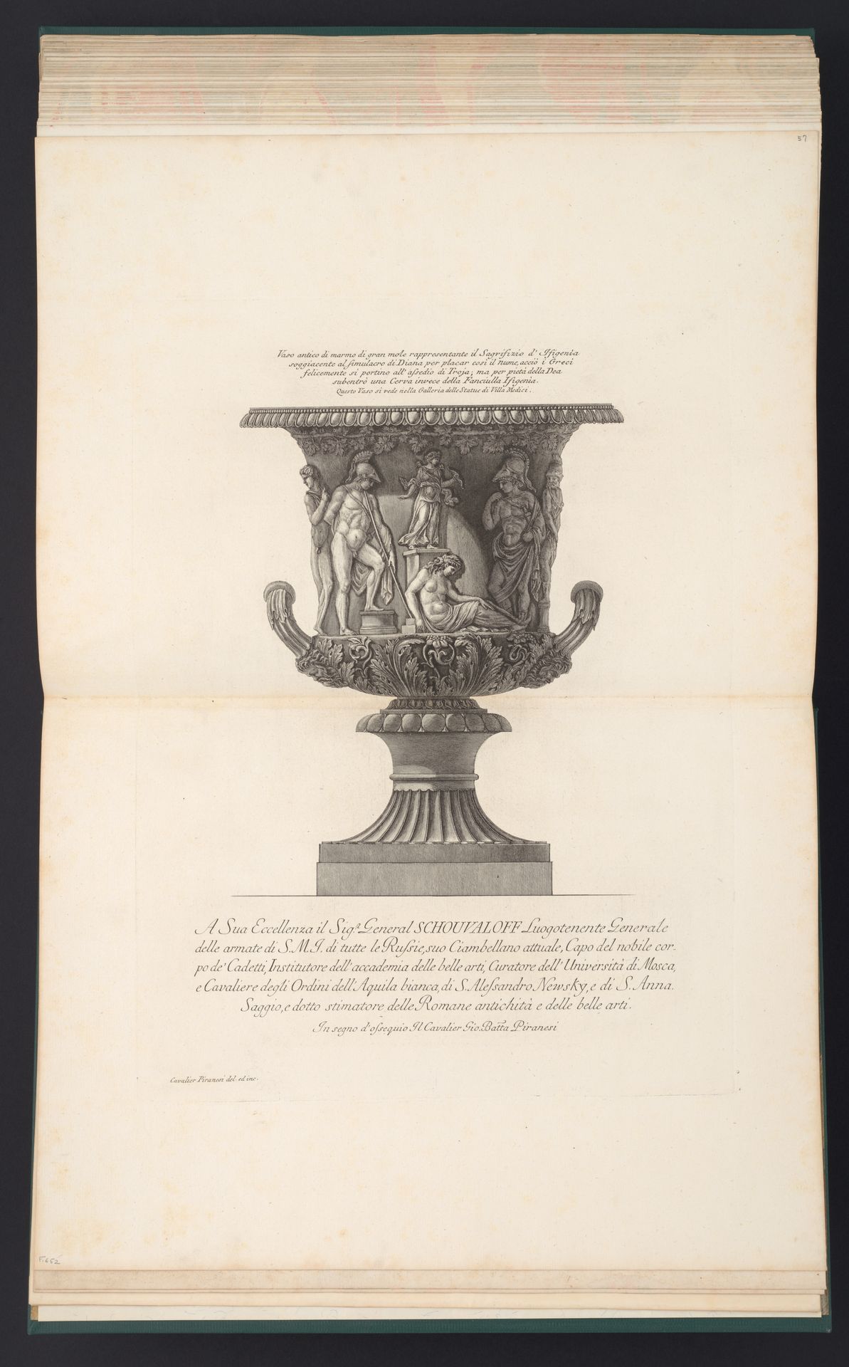 Large marble vase decorated with a relief of the sacrifice of Iphigenia, from Vasi candelabri, cippi, sarcofagi, tripodi, lucerne, ed ornamenti antichi disegnati ed incisi dal Cav. Gio. Batt. Piranesi, Vol. II (Vases, candelabra, grave stones, sarcophagi, tripods, lamps, and ornaments designed and etched by Cavalieri Giovanni Battista Piranesi) by Giovanni Battista Piranesi