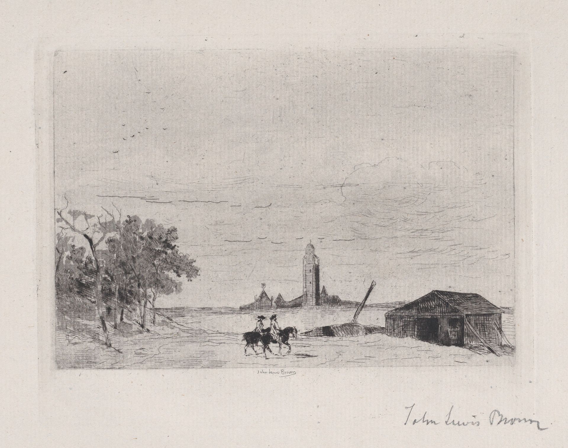 Two horsemen, with belfry in background and barn at right by John-Lewis Brown
