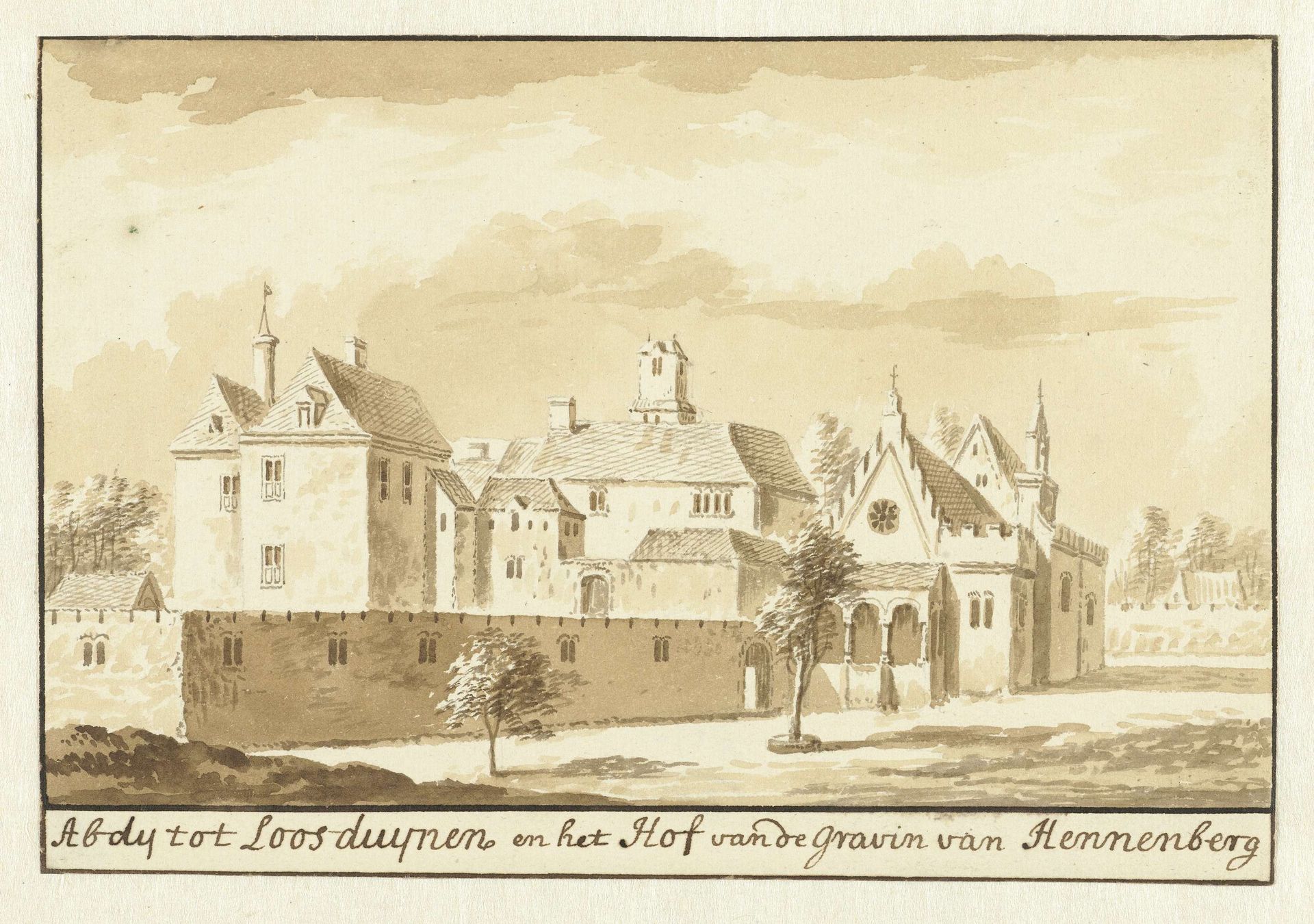 Gezicht op de abdij en het hof van Henneberg te Loosduinen by Abraham Rademaker