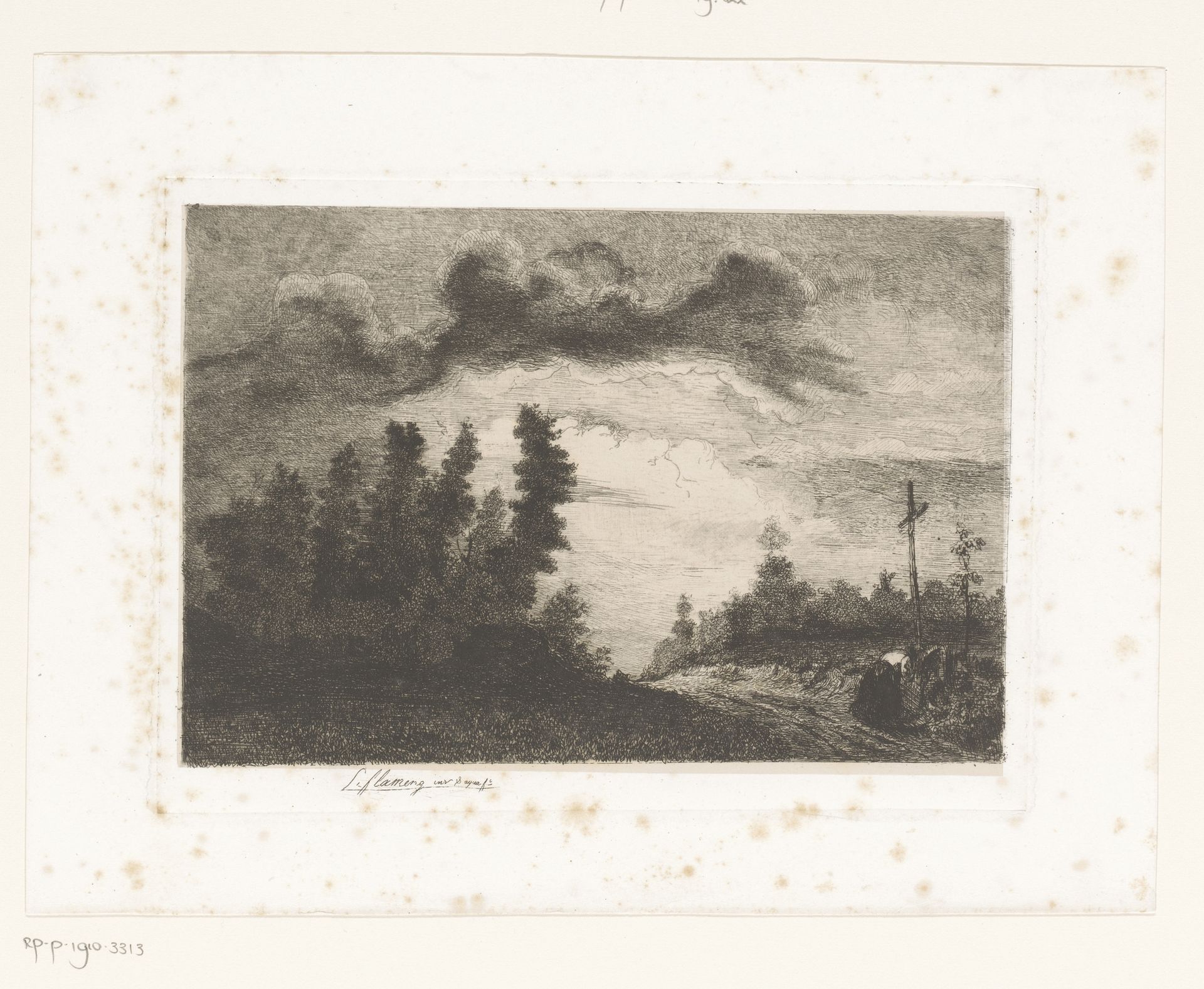 Landschap met rechts een kruis waarvoor een vrouw het hoofd buigt by Léopold Flameng