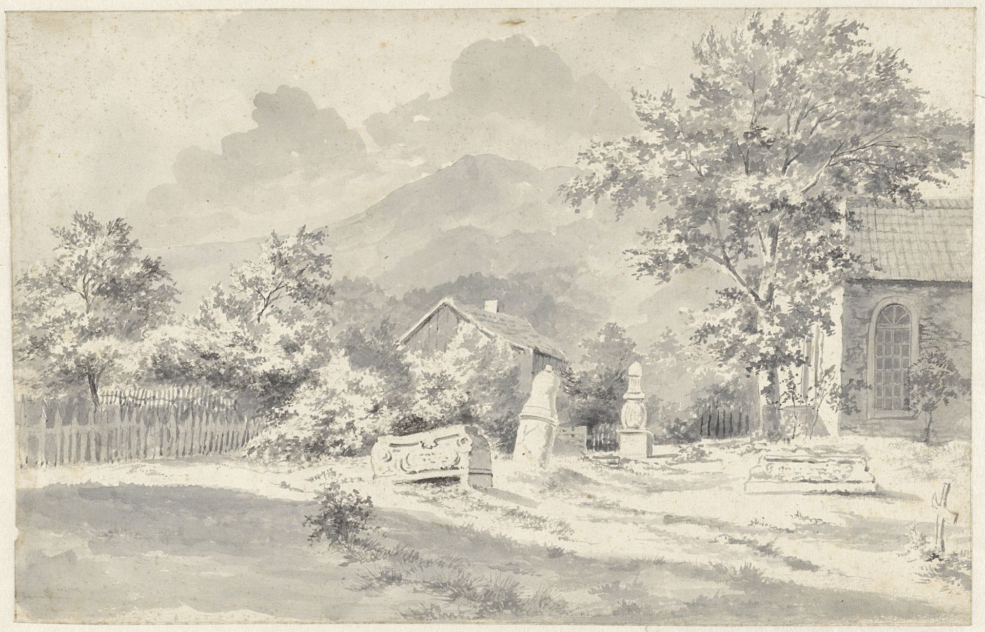 Kerkhof met verzakte stenen, te Ilsenburg by Cornelis François Roos