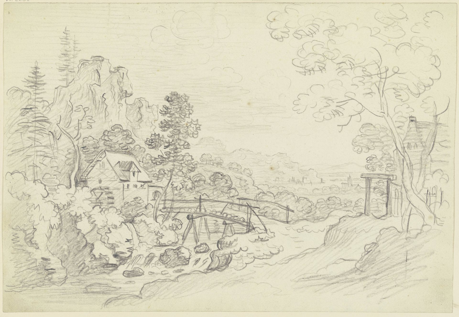 Gebirgslandschaft, im Vordergrund ein Steg, der über einen Bach führt by Friedrich Wilhelm Hirt