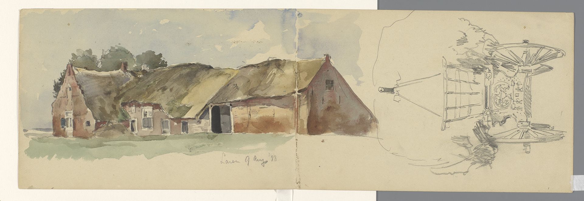 Boerderij bij Laren en de achterzijde van een hooiwagen by Jan Hoynck van Papendrecht
