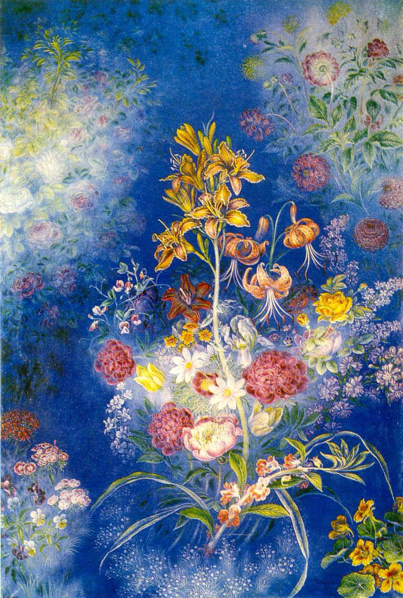 Flowers on the blue background by Kateryna Bilokur