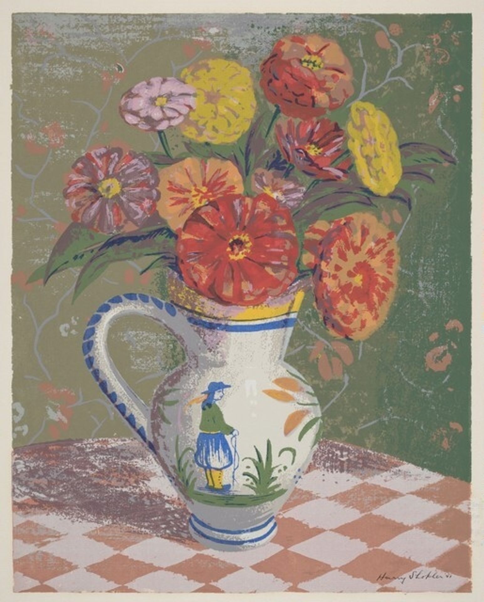 Zinnias in a Quimper Vase by Harry Shokler