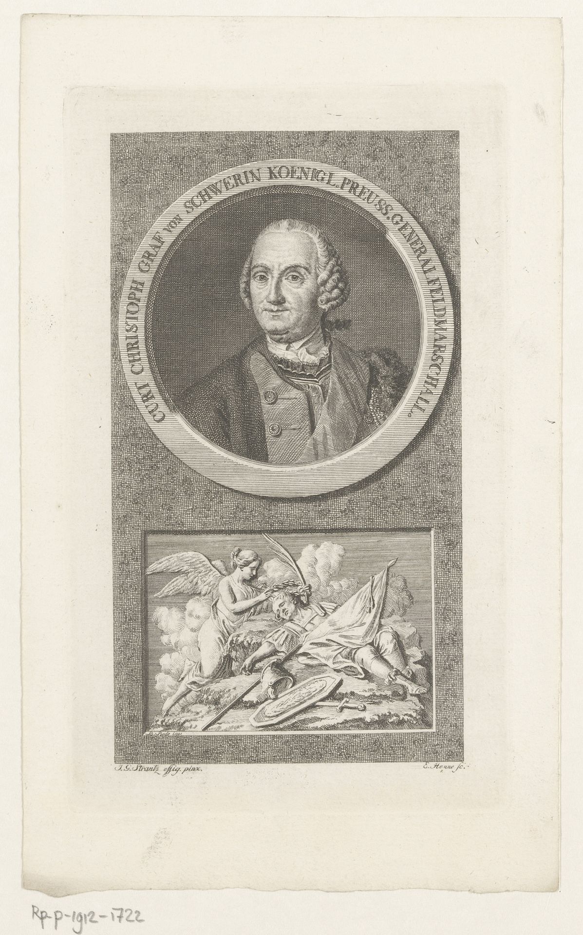 Portret van Kurd Christoph von Schwerin en een allegorie op sterven op het slagveld by Eberhard Siegfried Henne