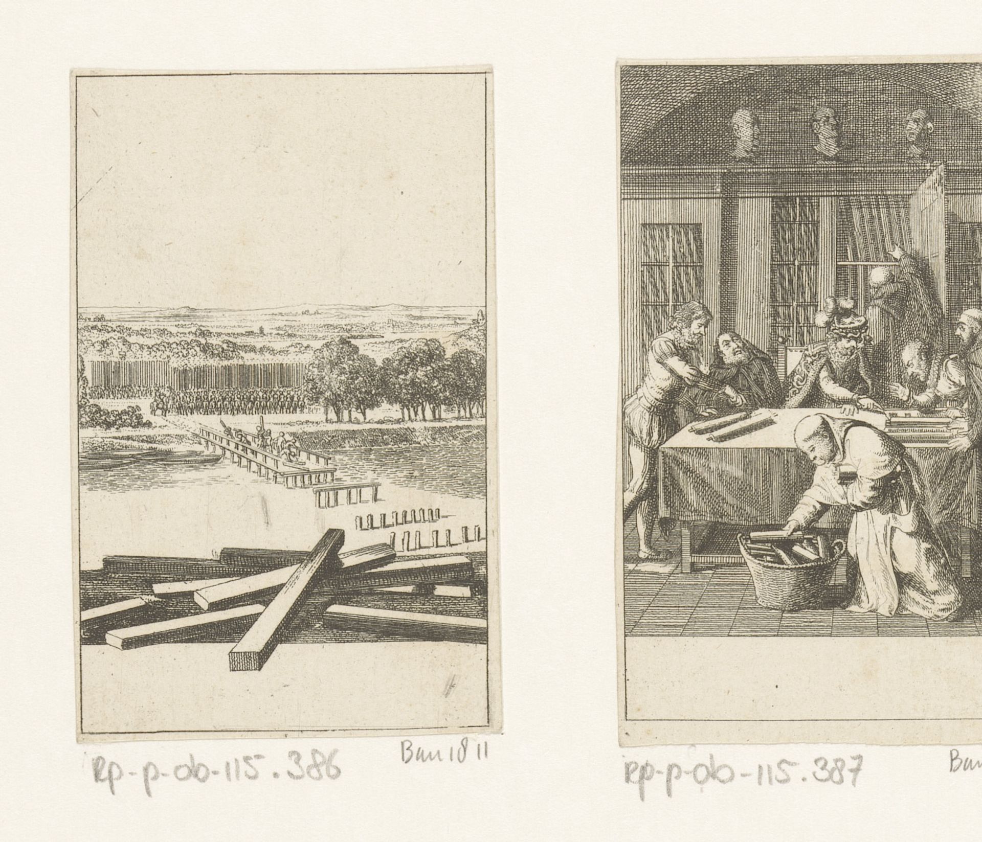 Oponthoud bij het bouwen van de Romeinse brug over de Rijn by Daniel Nikolaus Chodowiecki