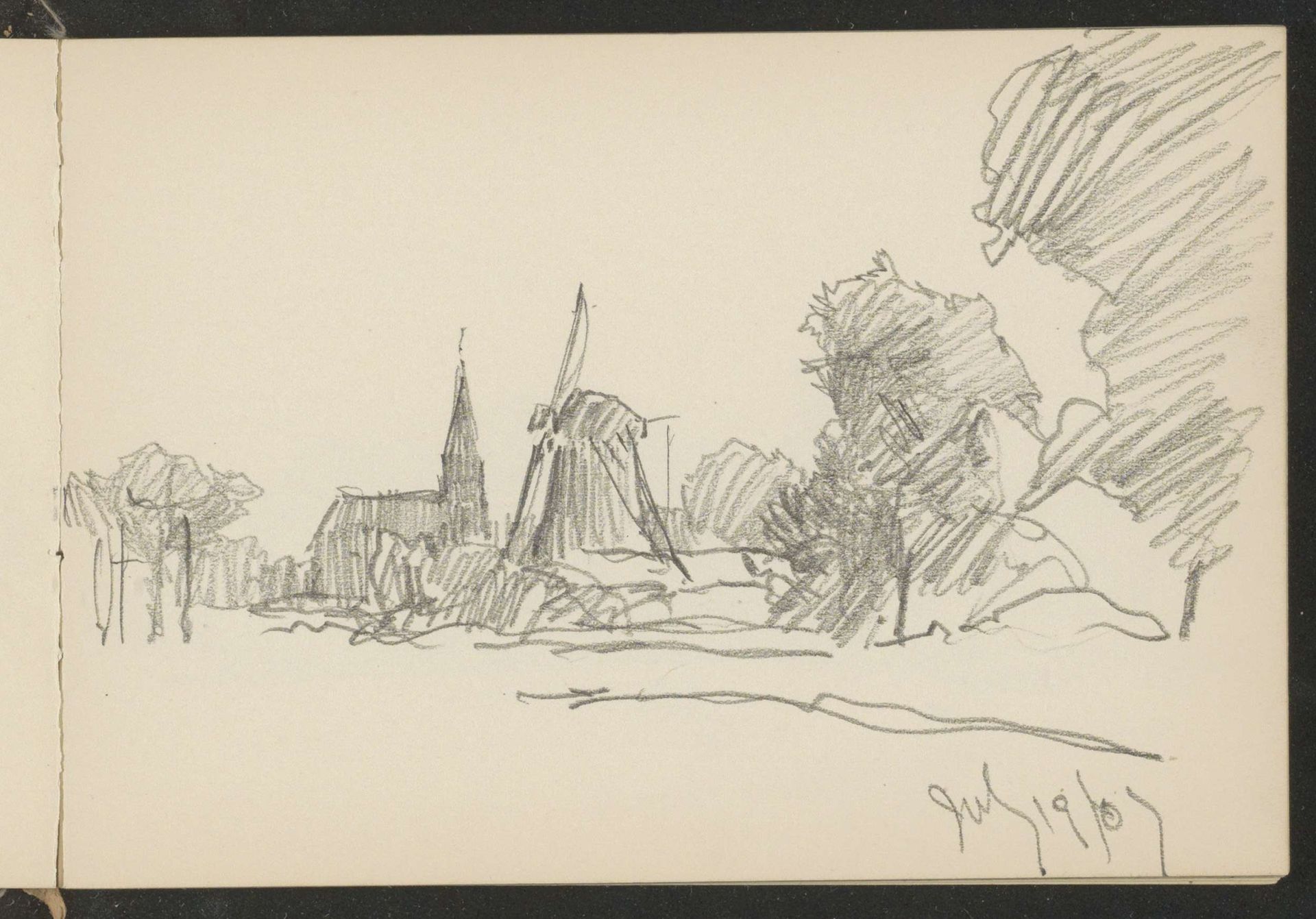 Gezicht op een stad met een kerk en molen by Alexander Shilling