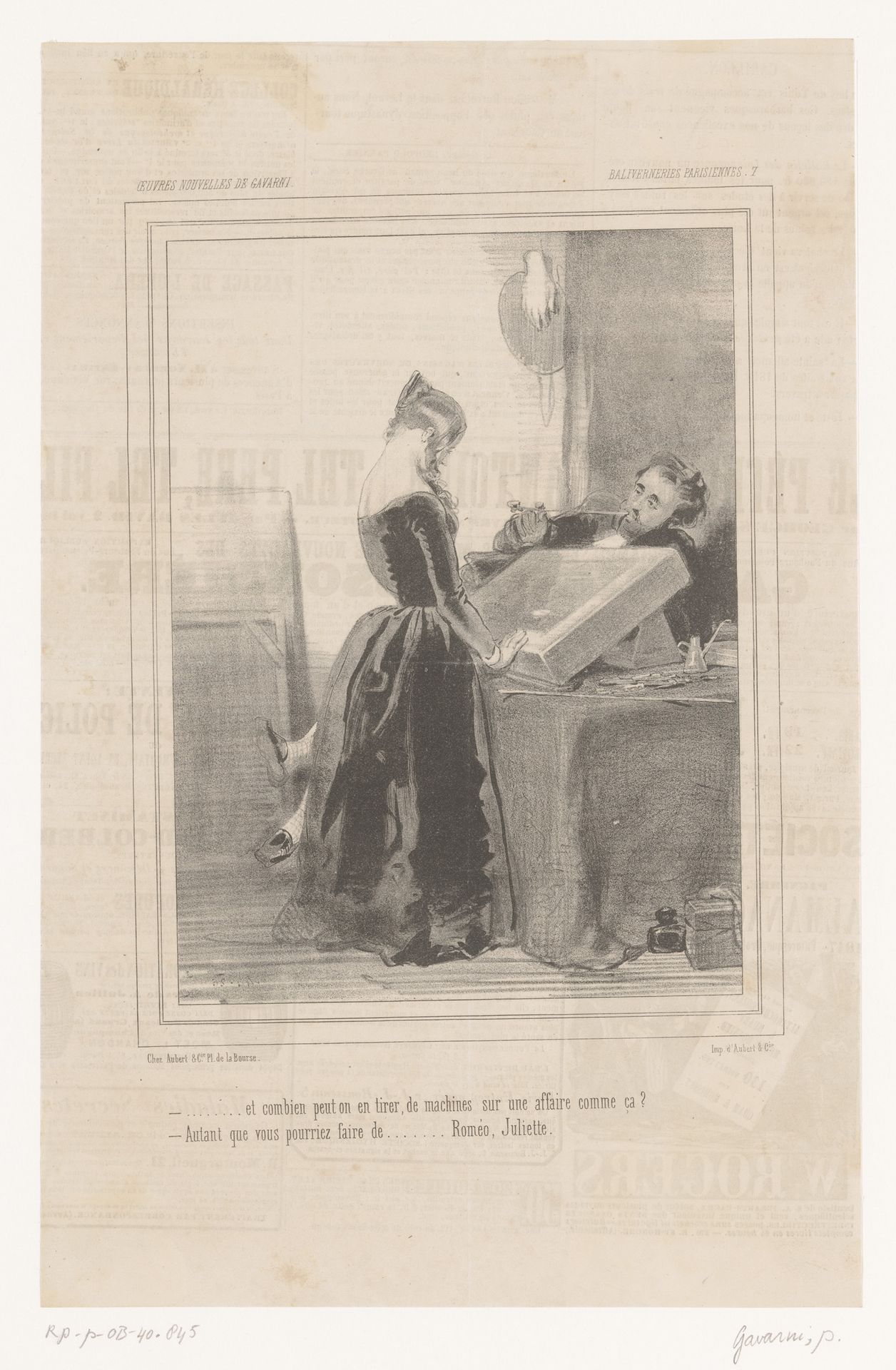 Jonge vrouw met kunstenaar in lithografisch atelier by Paul Gavarni