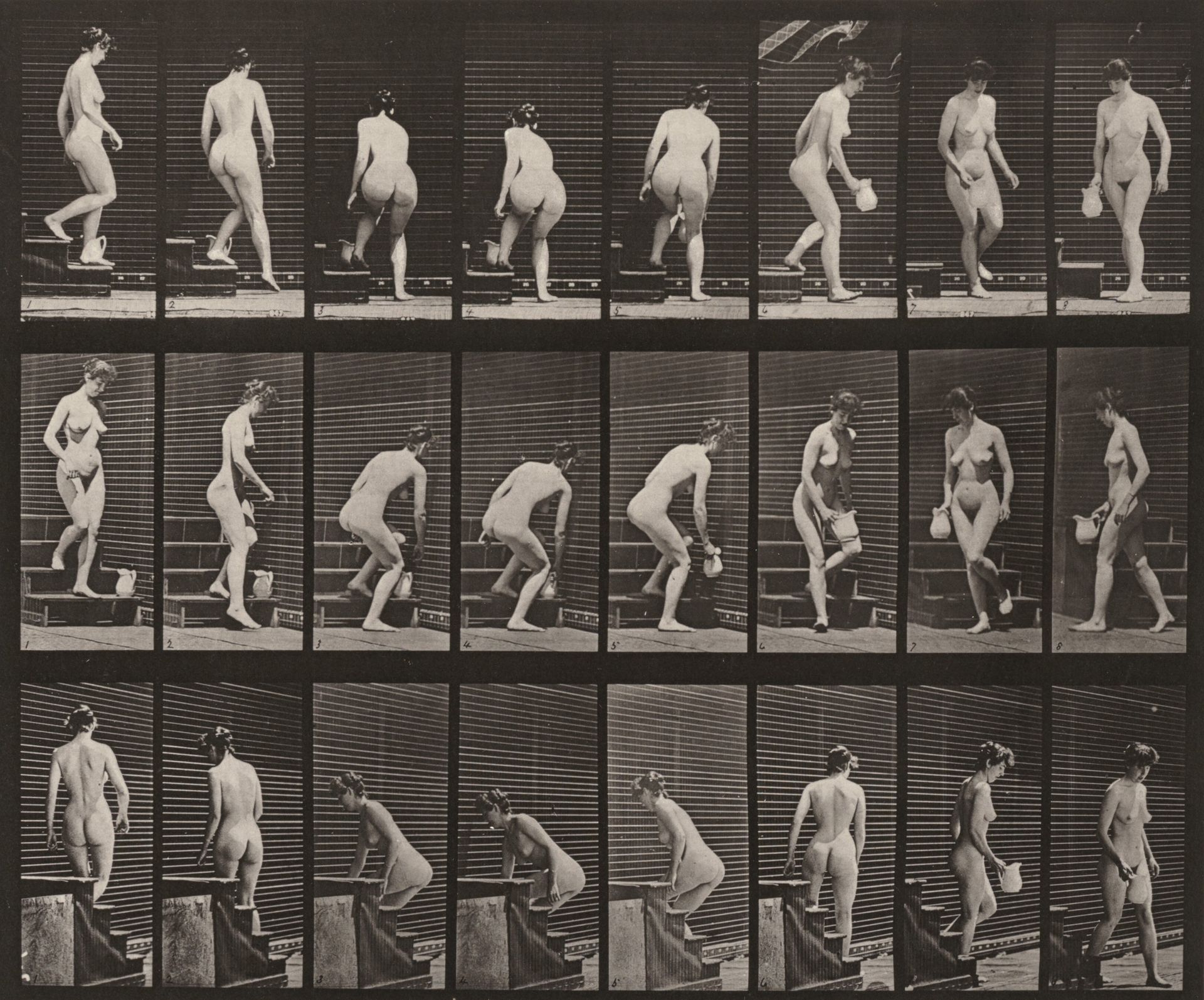 Plate Number 150. Descending stairs, stooping, lifting a pitcher and turning by Eadweard Muybridge