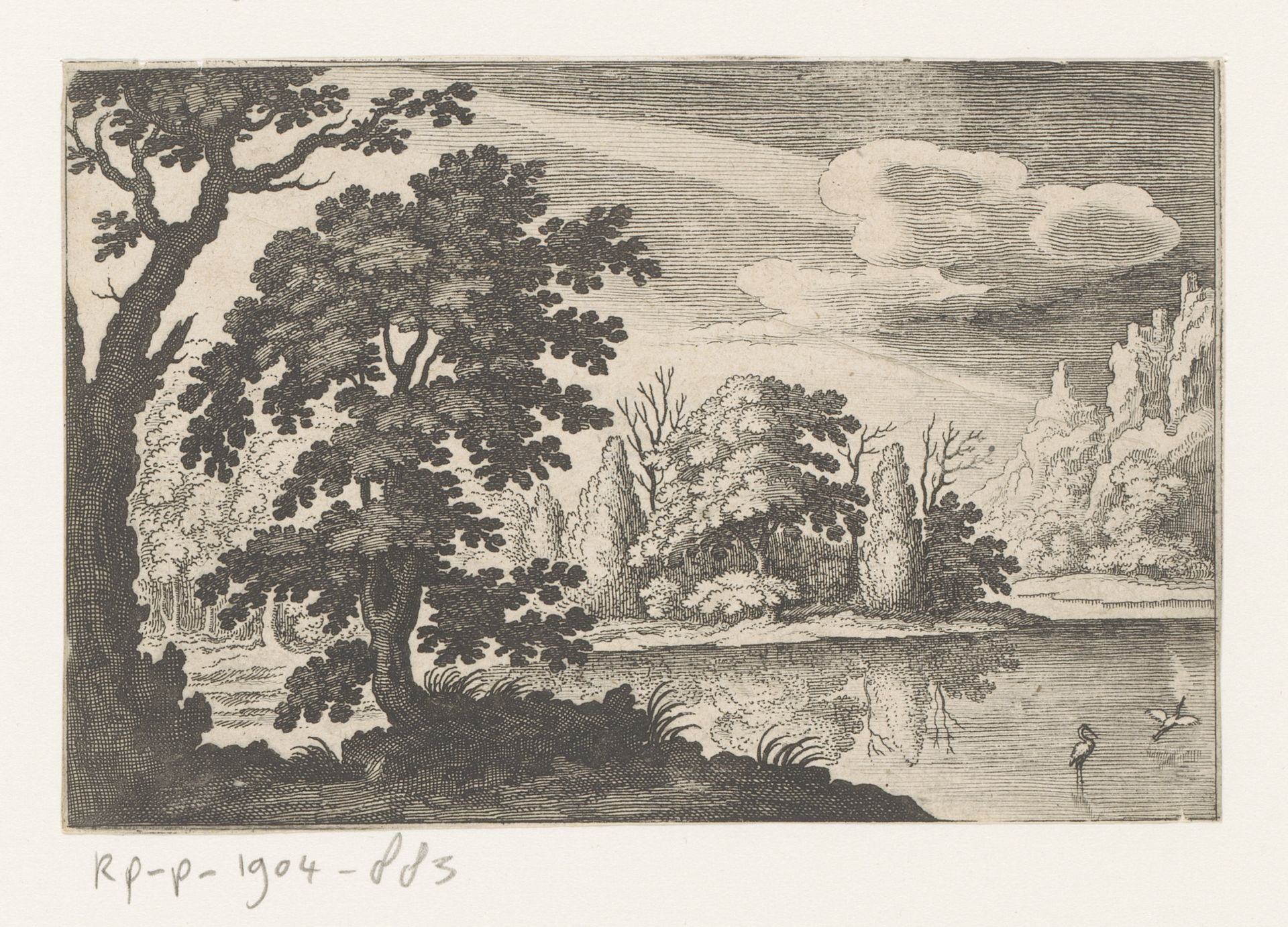 Landschap met vijver en twee ooievaars by Matthäus (I) Merian