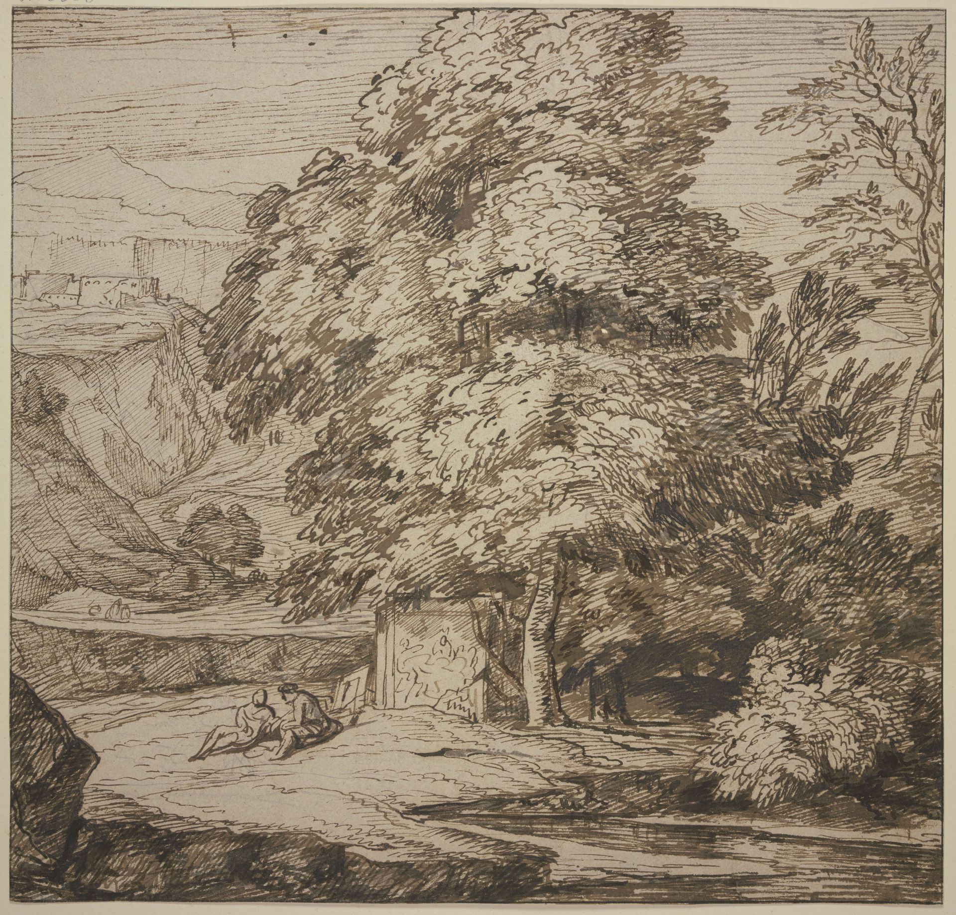 Ein Denkmal unter großen Bäumen, dabei zwei sitzende Figuren by Jacob Esselens