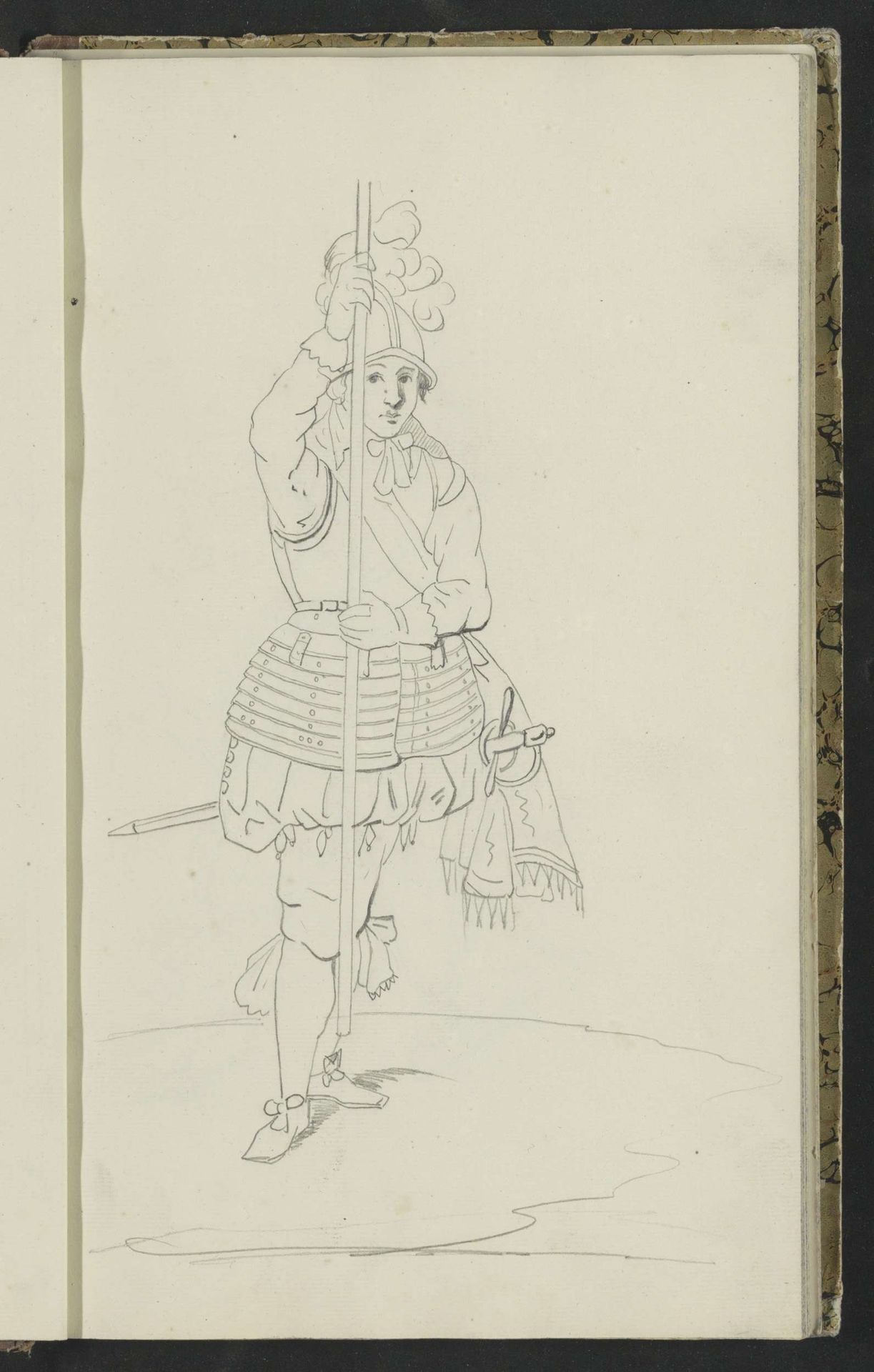 Soldaat die zijn spies met beide handen rechtop voor zich boven de grond vasthoudt by Johannes Antonius Canta