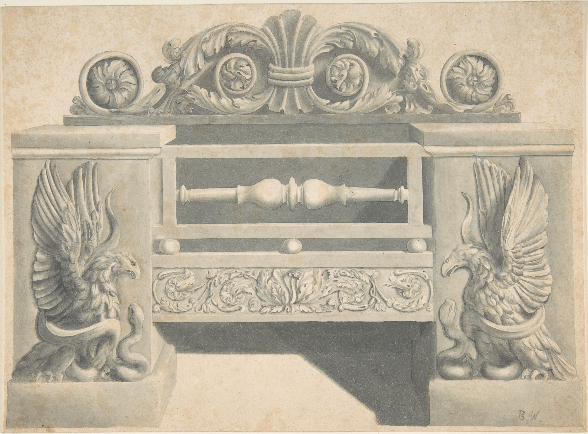 Design for Cast-iron Grate in Rococo Style with Putti Fire Dogs by Benjamin Dean Wyatt