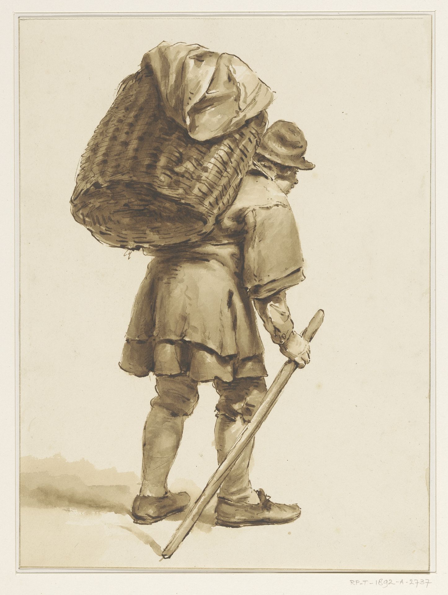 Man met een mand op de rug en een stok in de rechterhand by Pieter Christoffel Wonder