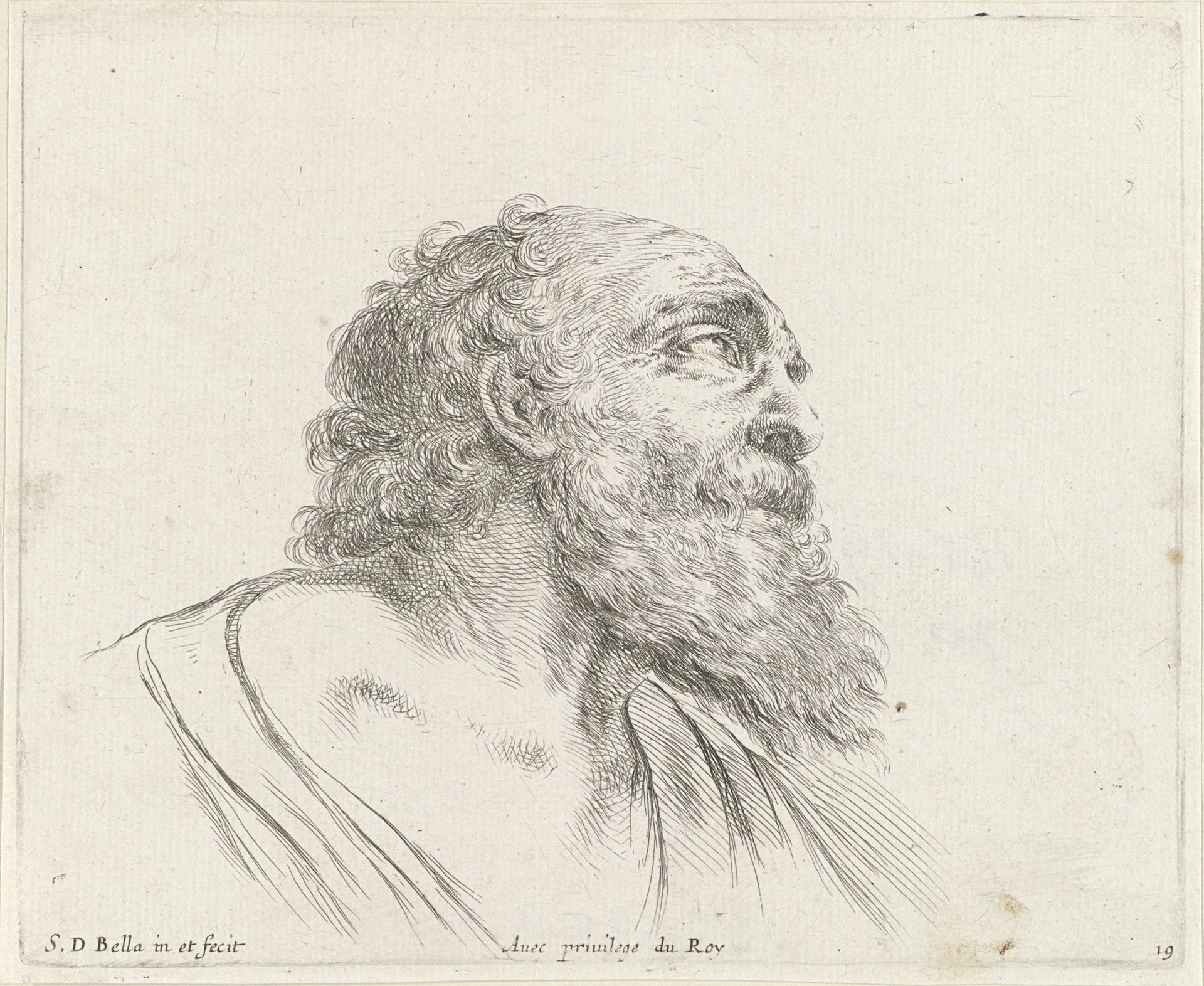Hoofd van een kale oude man met baard, rechts naar boven kijkend (mogelijk H. Petrus) by Stefano della Bella