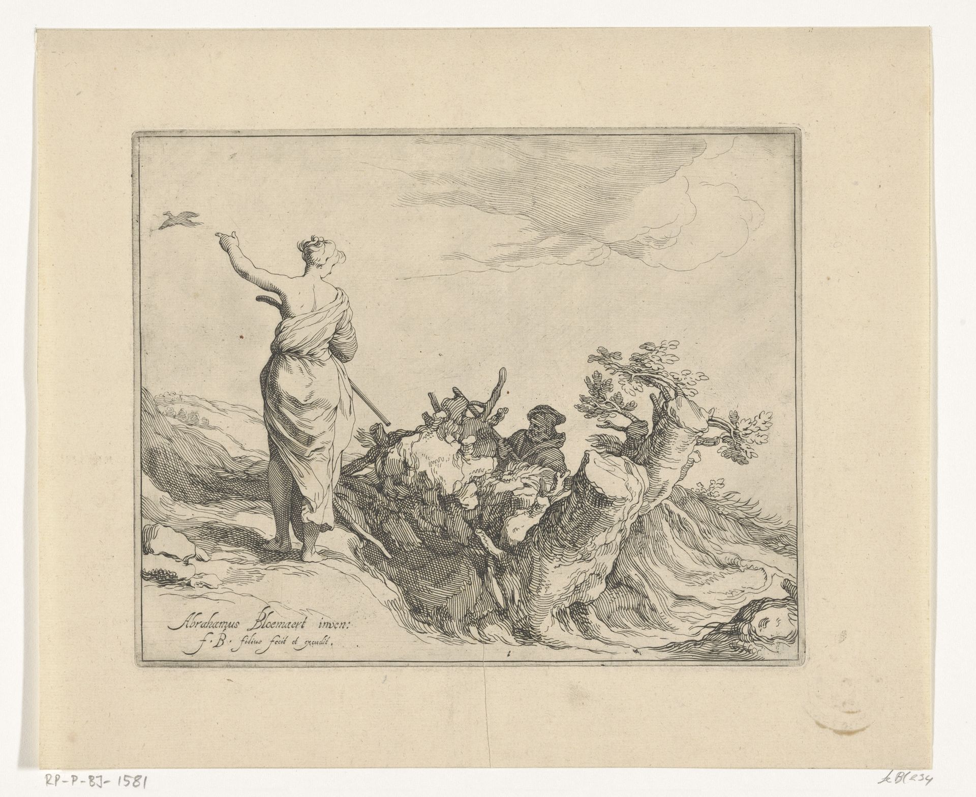 Vergezicht met drie boomstronken en figuren by Frederick Bloemaert
