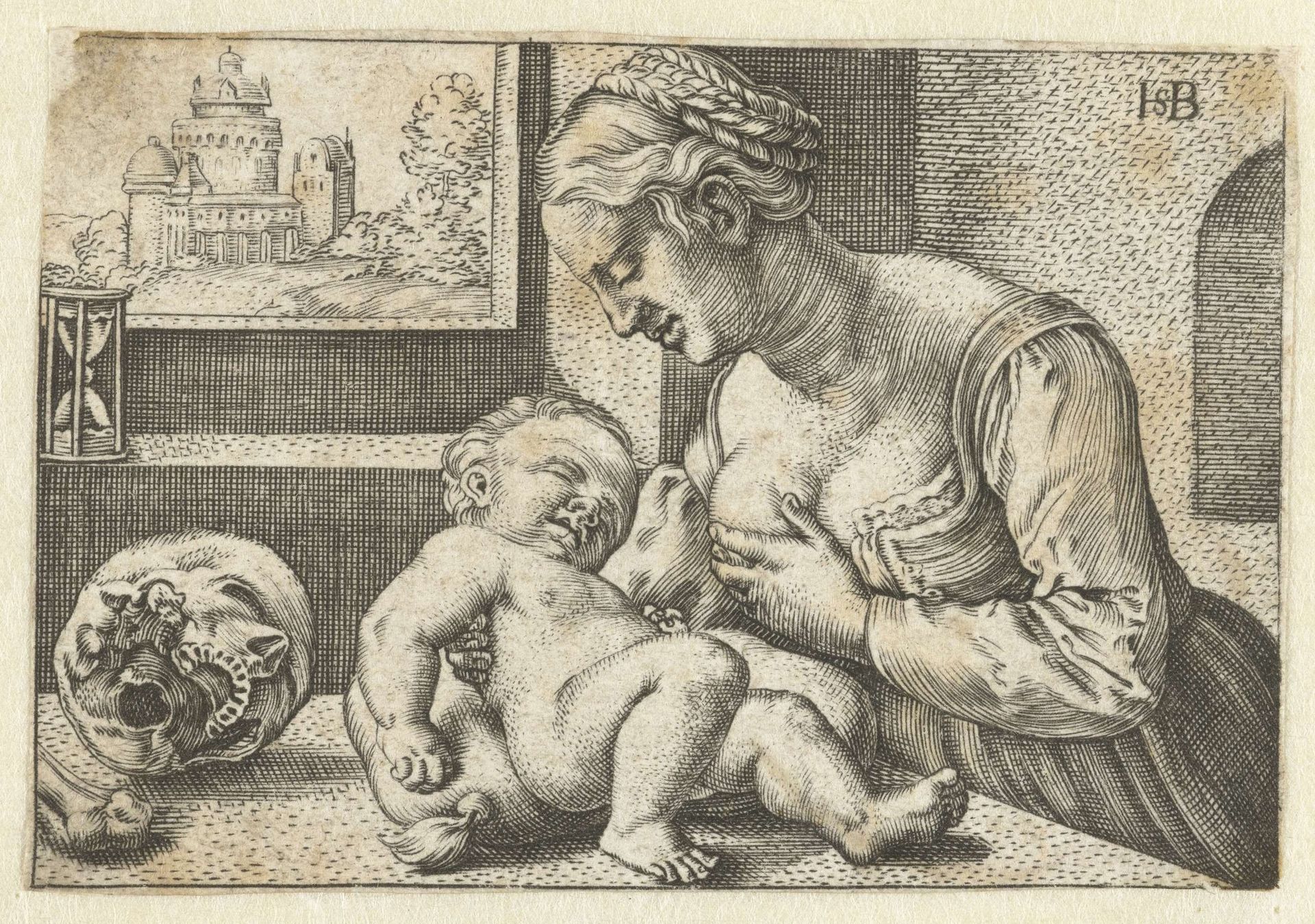 Maria geeft kind de borst en schedel by Sebald Beham