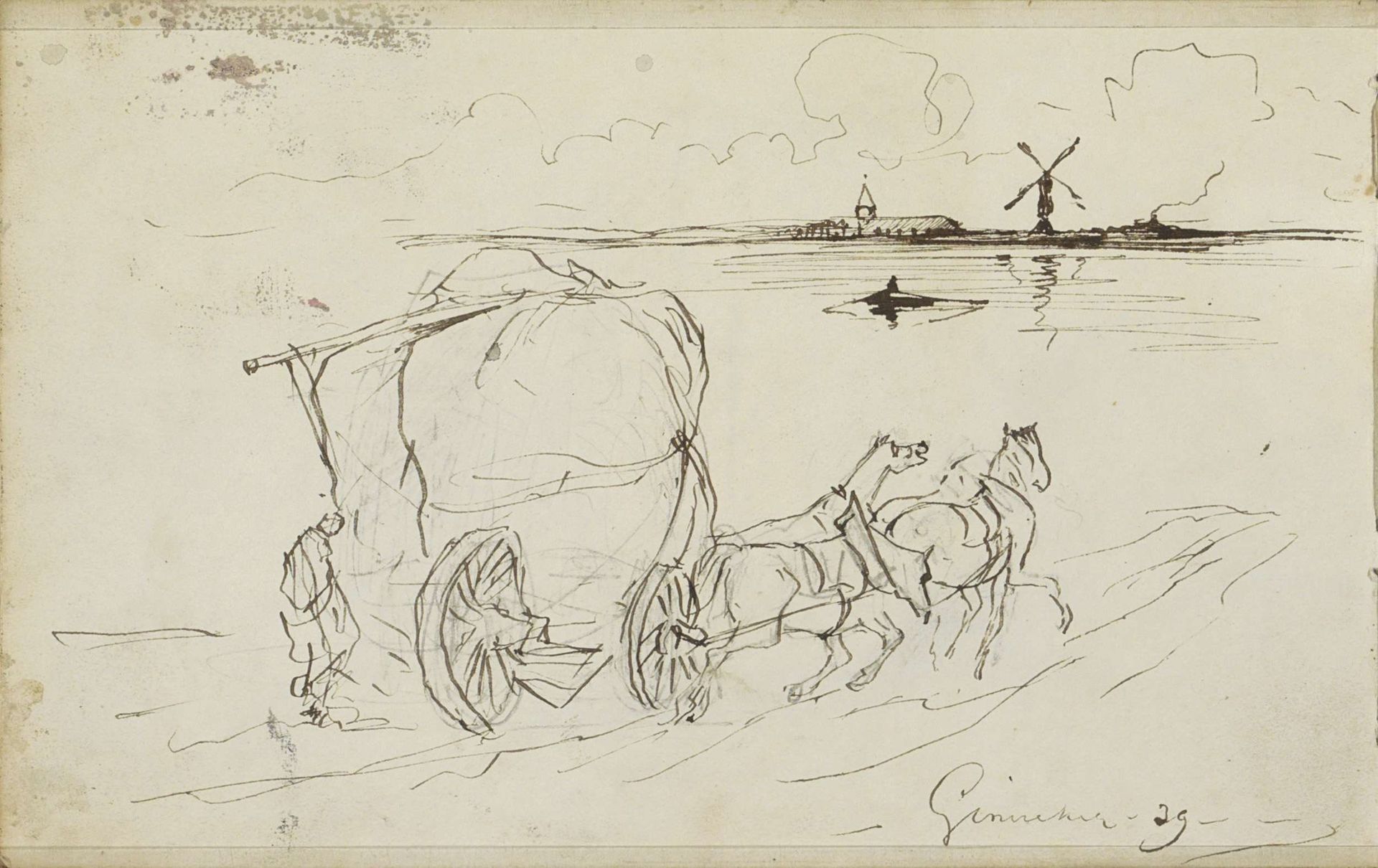 Paarden voor een kar en een waterlandschap met een molen by Johannes Tavenraat