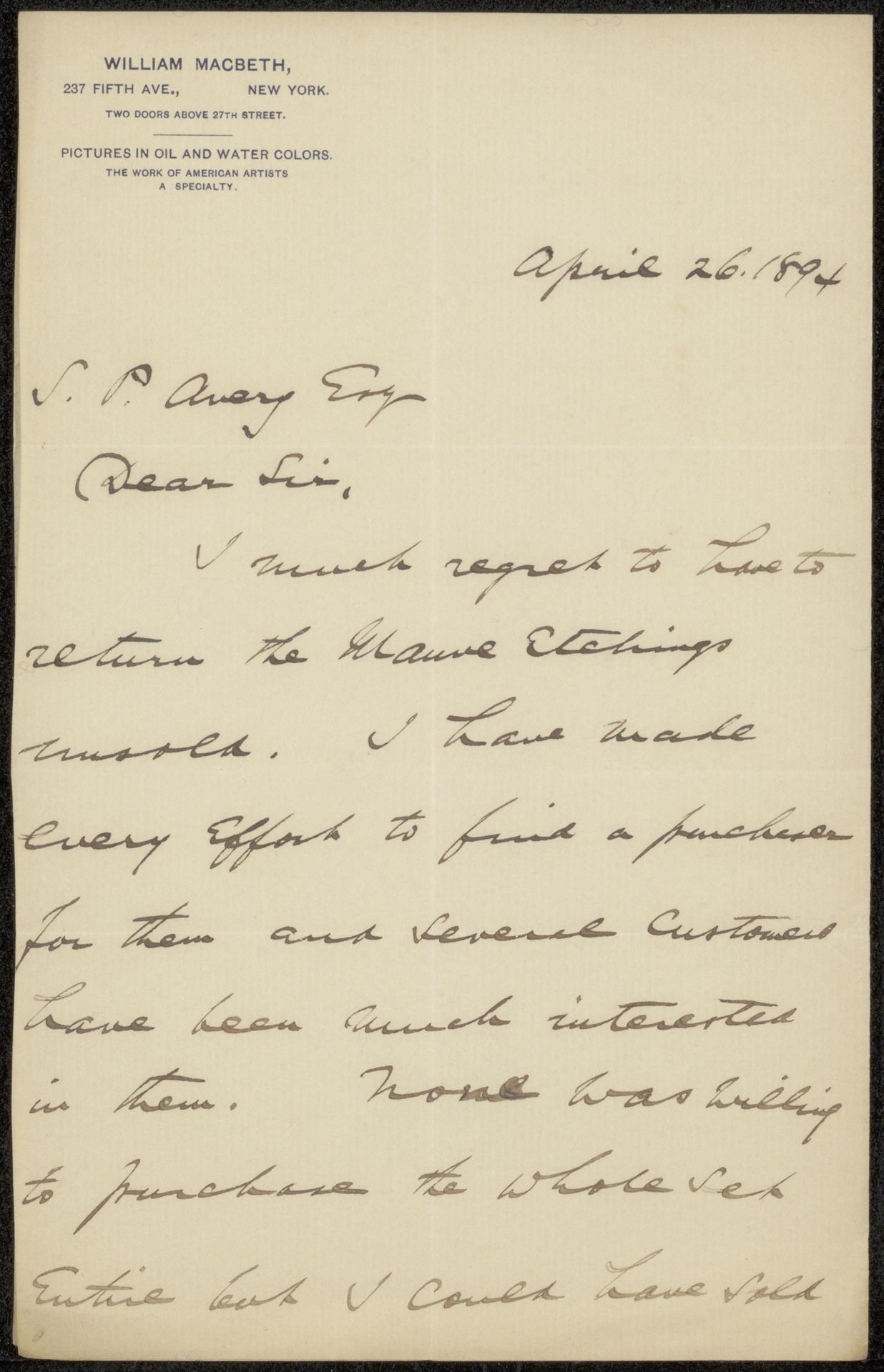 Brief aan Samuel Putnam Avery by William Macbeth