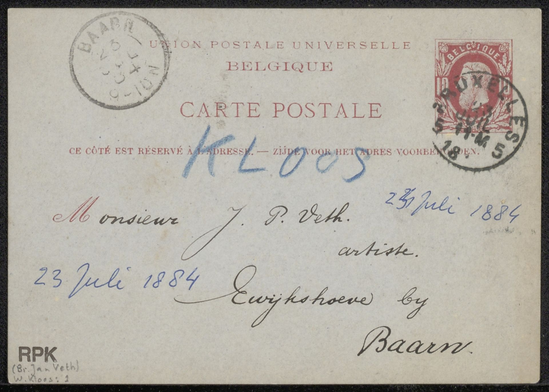Briefkaart aan Jan Veth by Willem Kloos
