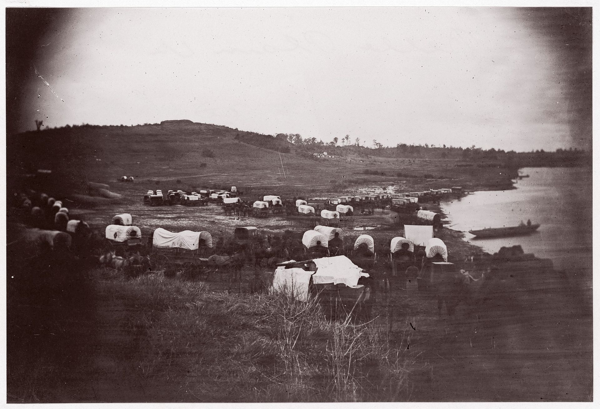 [Wagons Below Confederate Entrenchments, Belle Plain, Virginia] by Timothy O'Sullivan