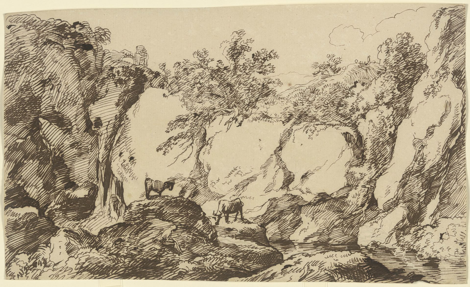 Felsschlucht mit weidenden Kühen by Franz Kobell
