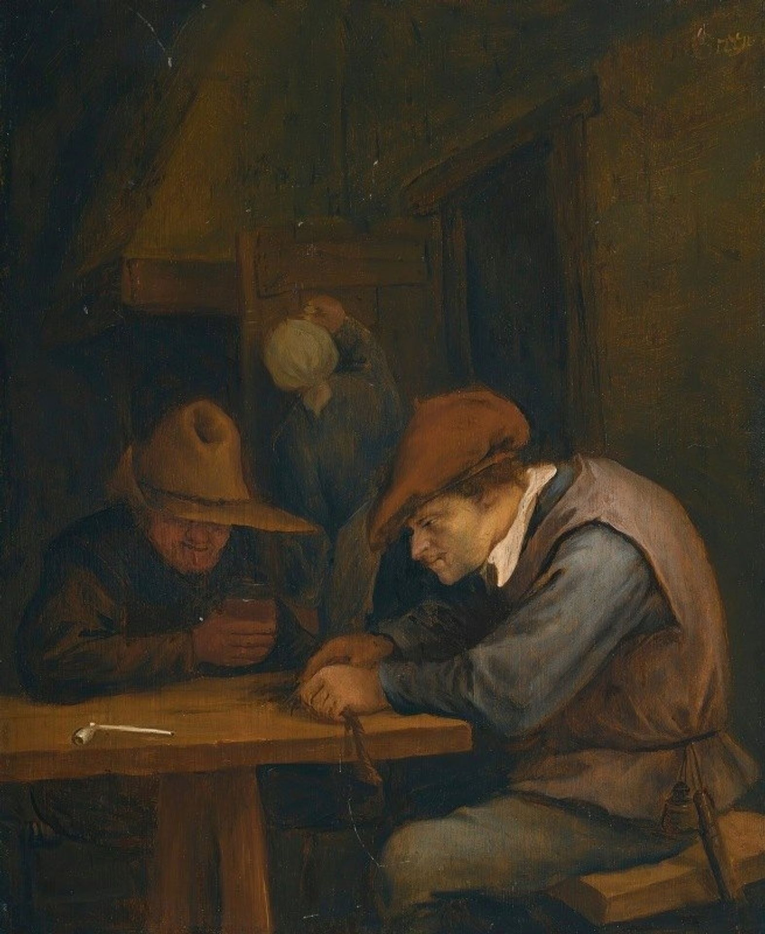 Peasants drinking and cutting tobacco in an inn by Jan Steen