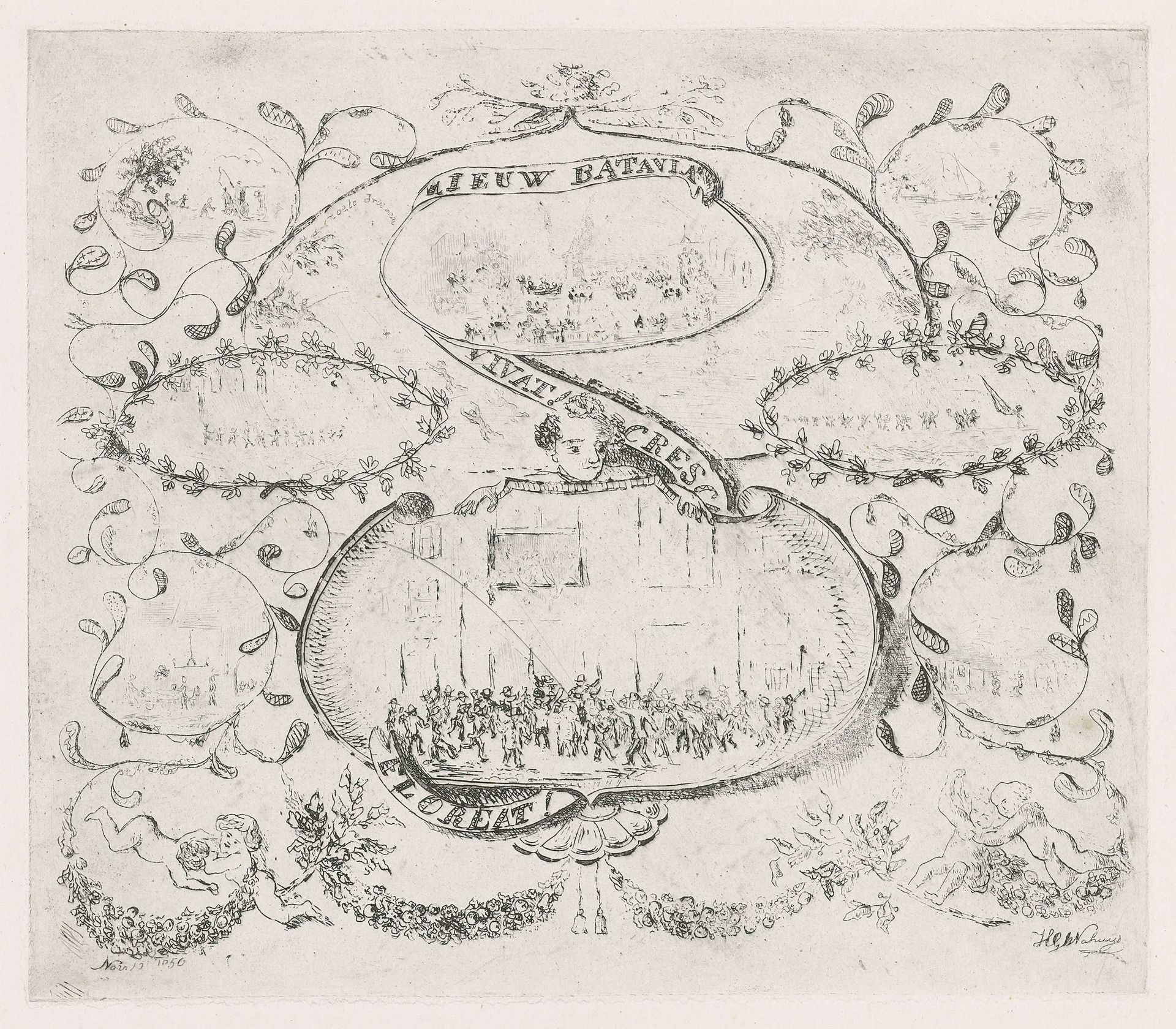 Menigte bij een gebouw by Huibert Gerard Brian Nahuys