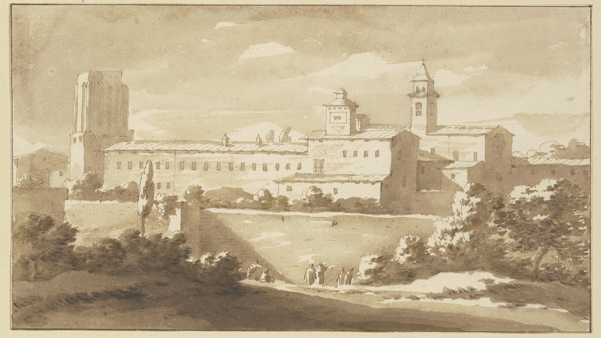 Italienisches Kloster hinter hohen Mauern, die Turmruine der Torre delle Millizie in Rom nachempfunden by Jacob van der Ulft