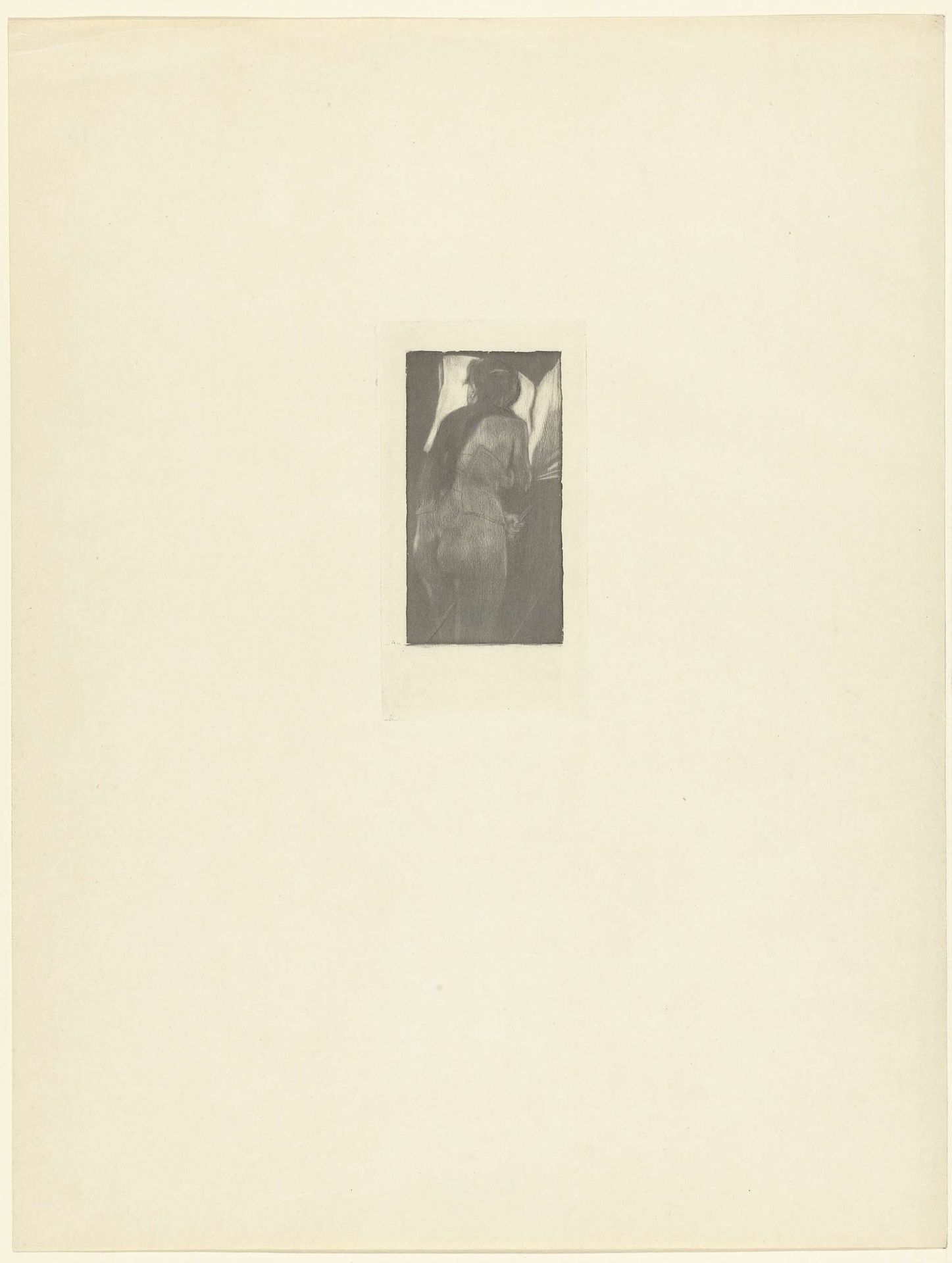 Halfnaakte vrouw met stok leunt over groot boek by Felicien Rops